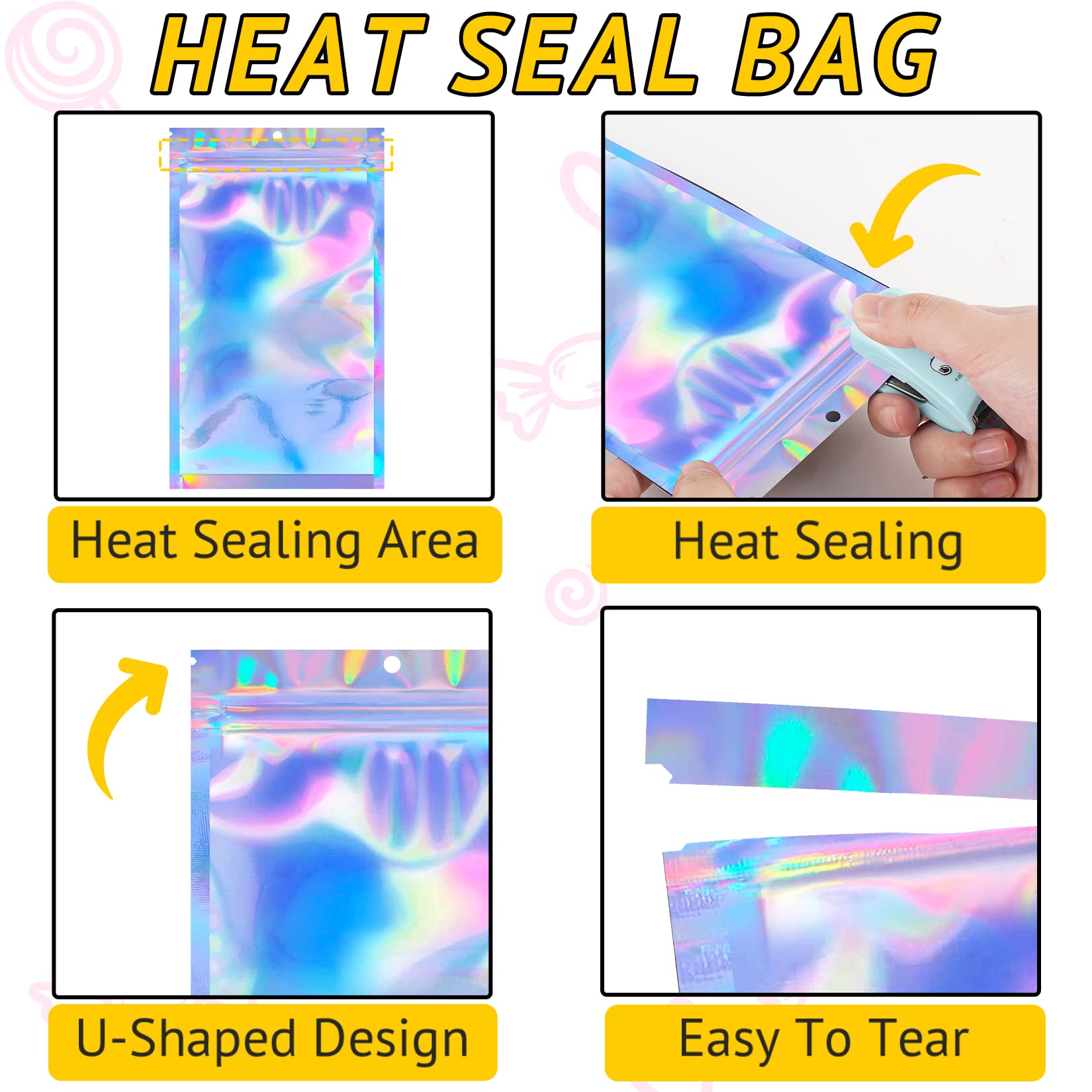 100 PCS Holographic Resealable Bags - Smell Proof Packaging for Lashes, Press On Nails, Jewelry, Candy & Small Items - Perfect for Small Business, Food Storage & Travel Organization