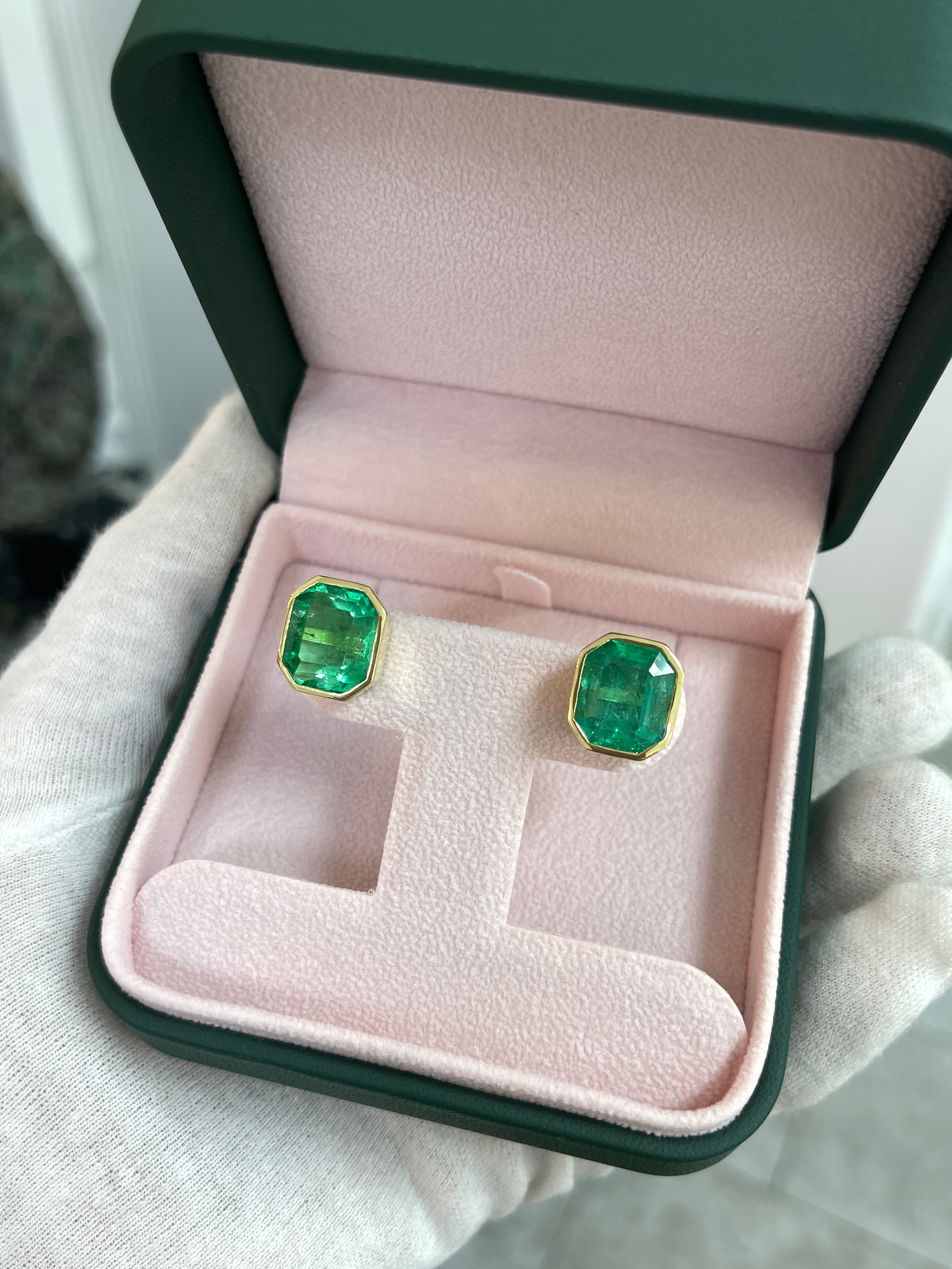 14.30tcw Large Bezel Set Natural Colombian Emerald Stud Earrings in 18K Gold | Luxury Jewelry for Women, Perfect for Weddings, Parties & Special Occasions