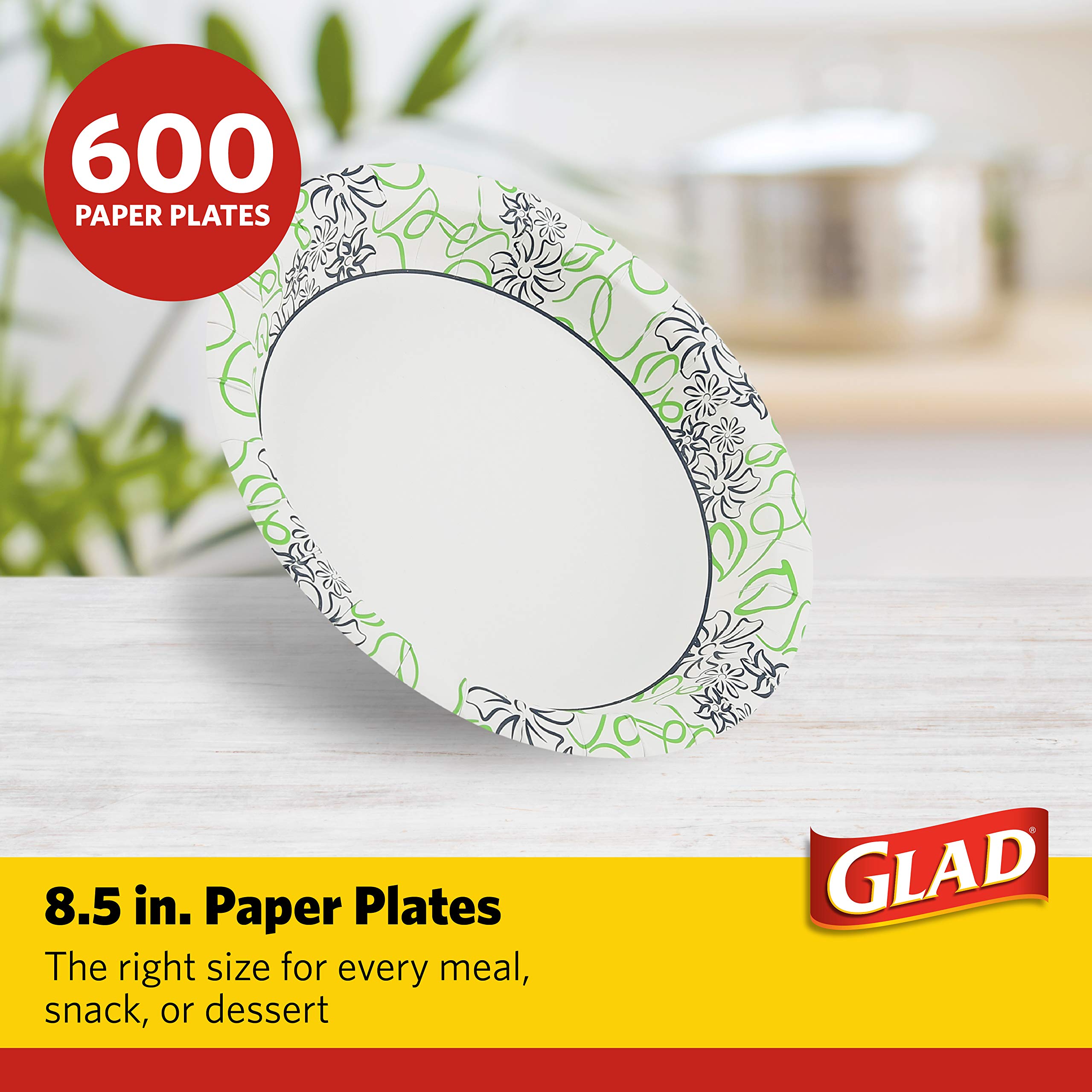 Glad 8.5-Inch Round Heavy Duty Disposable Paper Plates - Soak Proof, Cut Resistant & Microwavable - White with Blue Green Floral Design - 600 Count (12 Packs of 50) - Perfect for Parties, BBQs, Picnics & Family Gatherings
