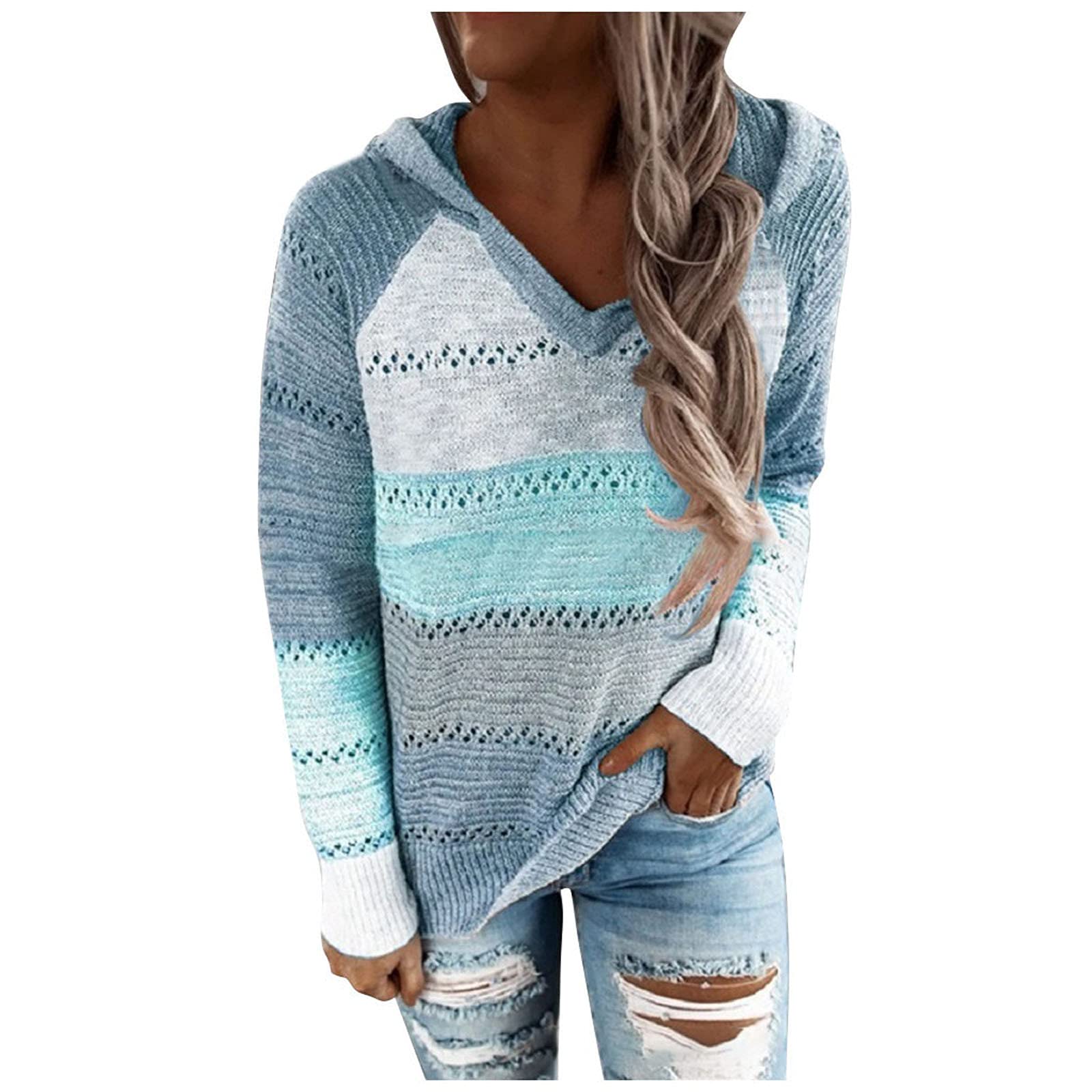 EOPUING Women's Lightweight Hooded Sweater - Casual Drawstring Knit Pullover with Color Block Design | Perfect for Autumn Fashion, Outdoor Activities & Cozy Loungewear