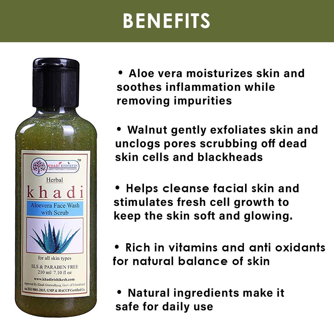 KHADI RISHIKESH Herbal Aloe Vera Face Wash with Scrub - 100% Natural, Deep Cleansing & Exfoliating for Glowing Skin - Perfect for Daily Skincare Routine & Acne-Prone Skin (Pack of 1)