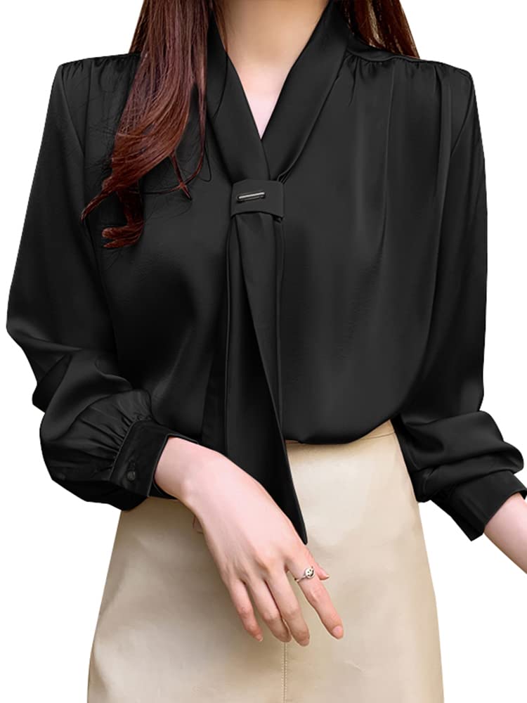 ZANZEA Women's Elegant Long Sleeve Pleated Blouse - Office Work Silk Shirt for Women - Perfect for Business Meetings, Office Wear & Professional Outfits