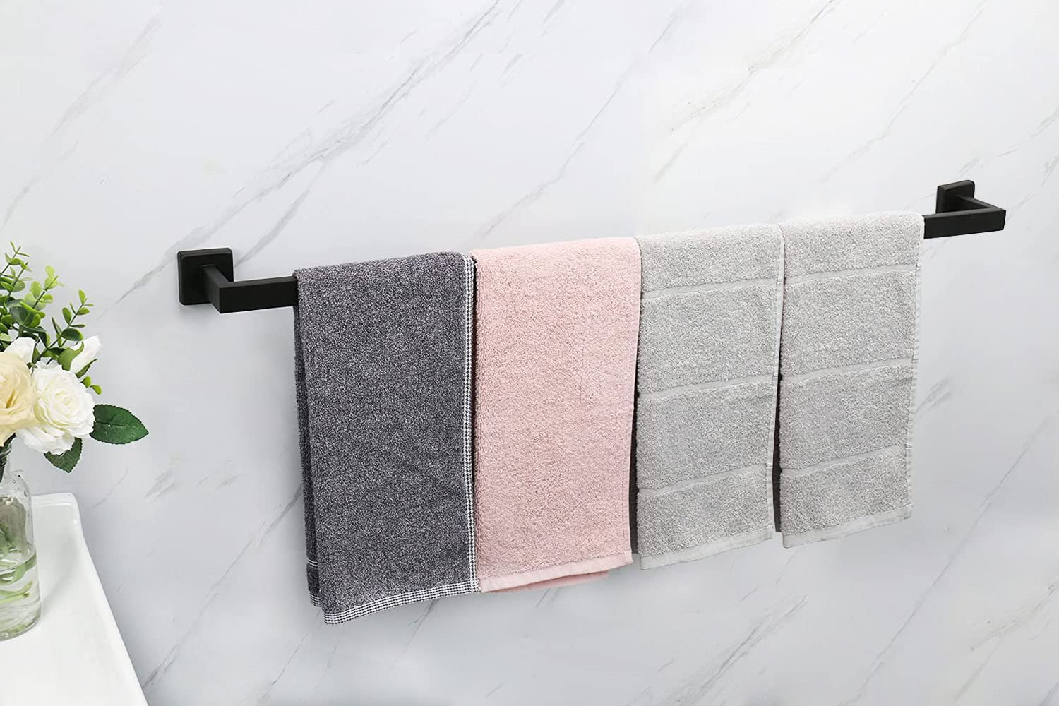 TocTen Heavy Duty Stainless Steel Towel Rack - 33 Inch Wall Mounted Bathroom Towel Holder with Square Base, Thick SUS304 for Shower & Spa (Black) - Perfect for Modern Bathrooms, Luxury Hotels & Spa Retreats