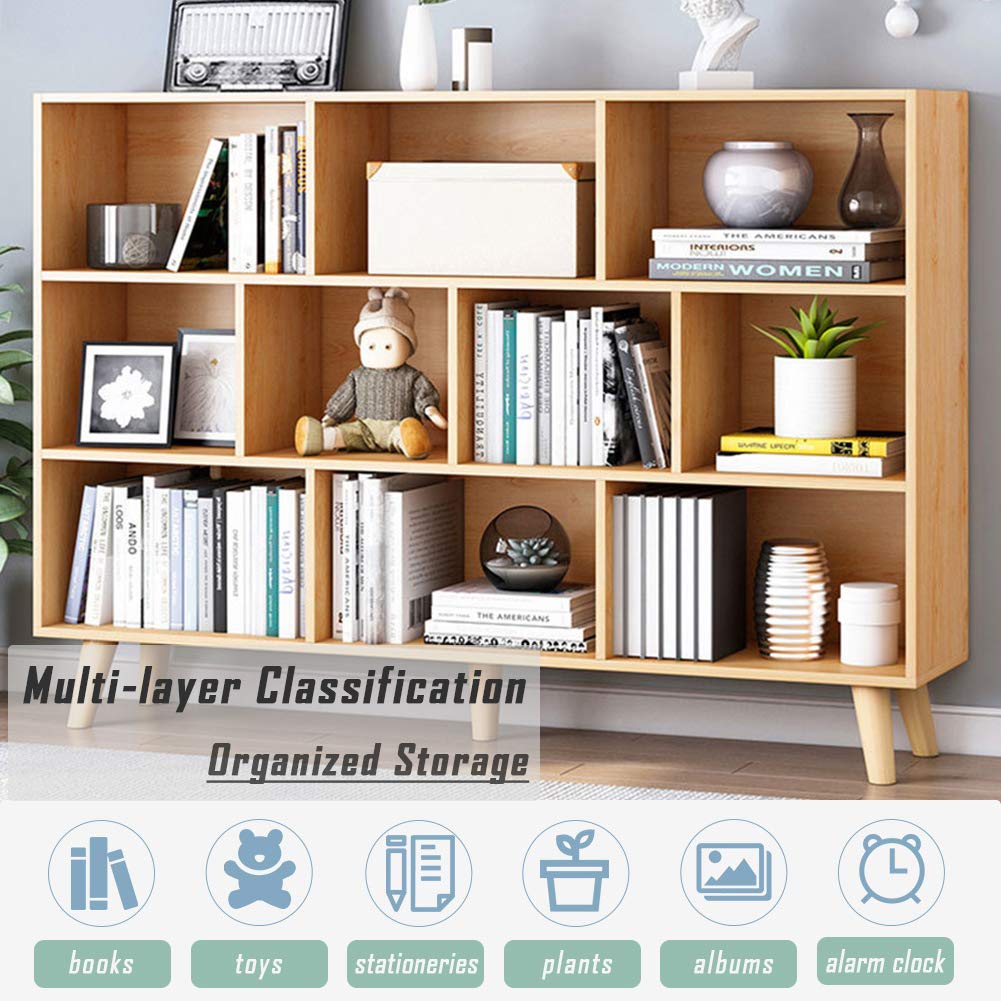 IOTXY 3-Tier Wooden Open Shelf Bookcase - Floor Standing Display Cabinet with 10 Storage Cubes, Modern Bookshelf for Living Room, Bedroom & Office - Pear Yellow Finish