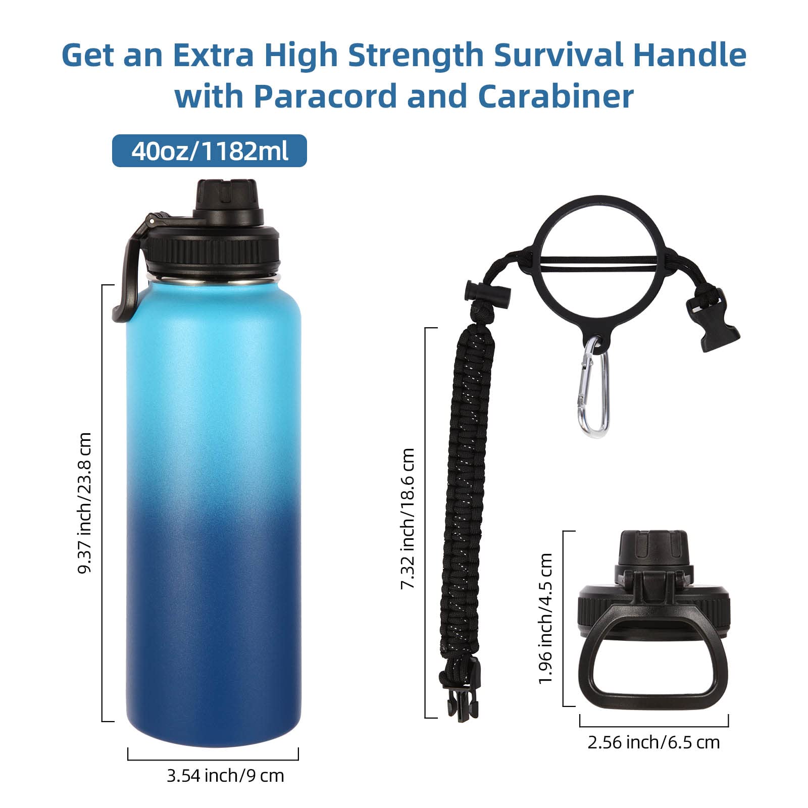 Volhoply 40 oz Insulated Stainless Steel Water Bottle 2 Pack - Leakproof Sports Bottle with Paracord Handle & Spout Lid, Wide Mouth Metal Water Cup for Gym, Hiking & Outdoor Activities (Green & Pink)