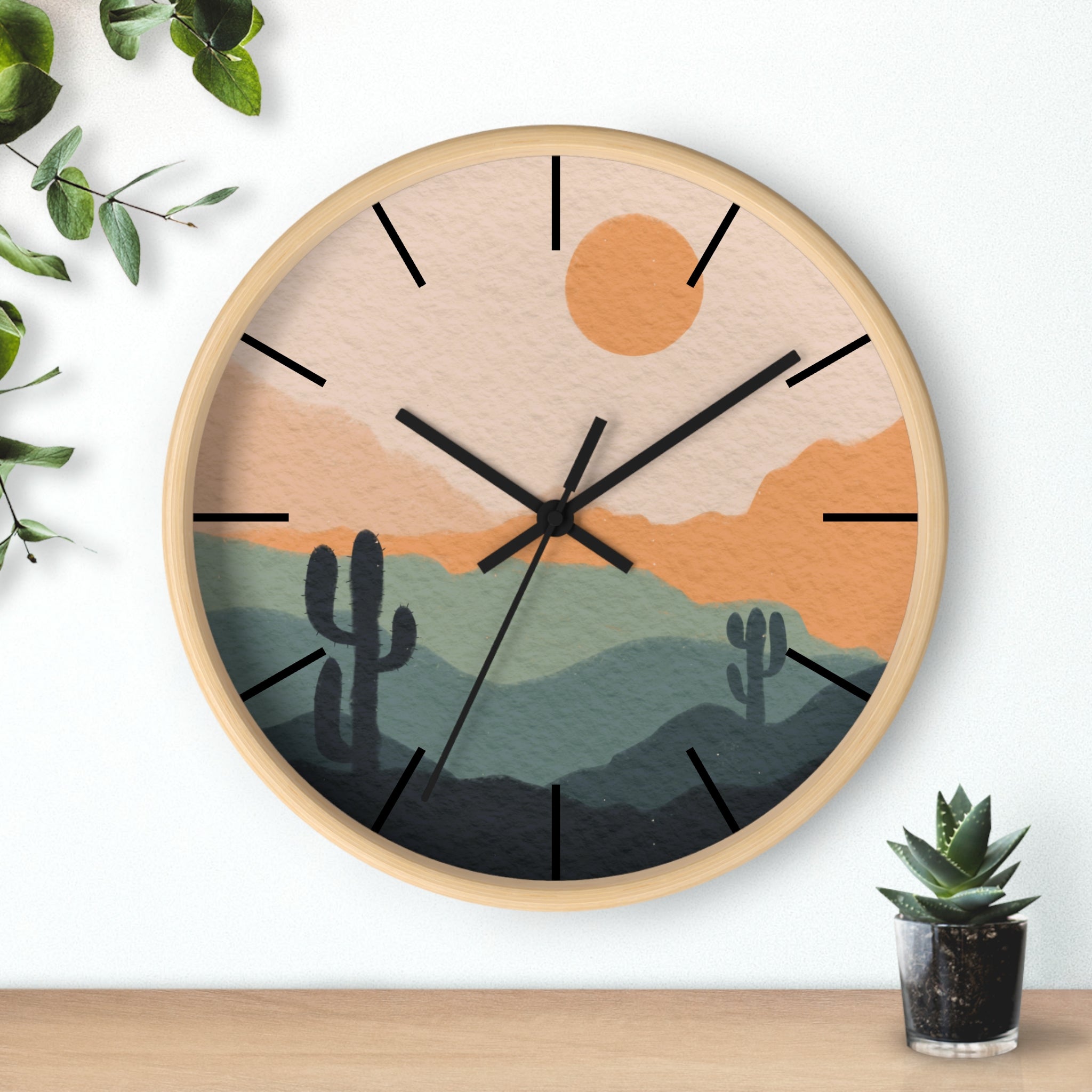 Silent Ticking Wall Clock - Rustic Desert Decor with 10 Inch Wood or Plastic Frame & Plexiglass - Southwestern Theme Home Office Decor for Living Room, Bedroom, Kitchen