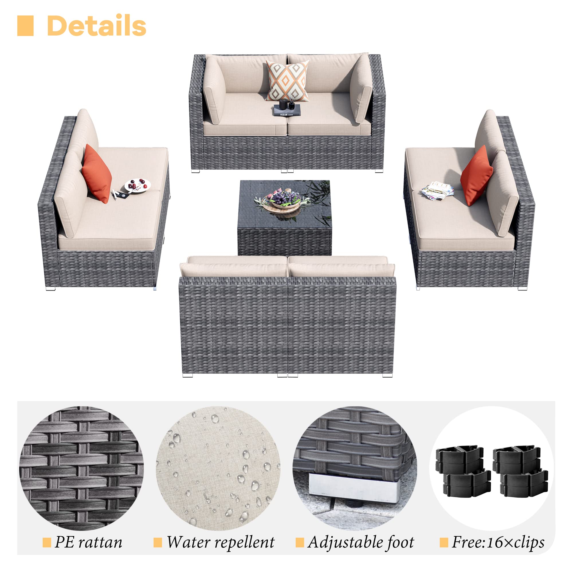 HOOOWOOO 9-Piece Outdoor Patio Furniture Set - Weather-Resistant Wicker Sectional Couch with Coffee Table, Modern Modular Corner Sofa for Backyard, Garden, Poolside (Beige Tan) | Perfect for Entertaining Guests & Relaxing Outdoors
