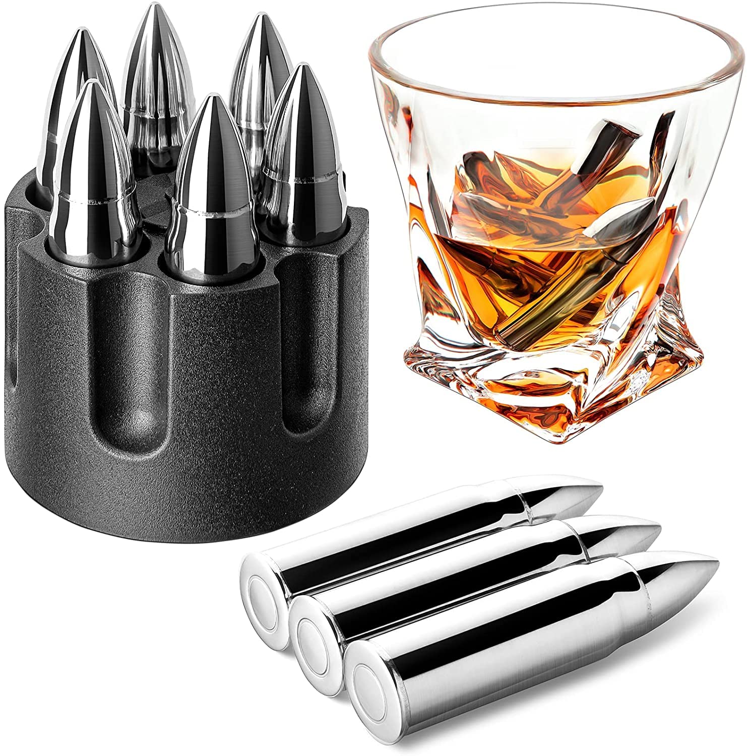 Premium Stainless Steel Whiskey Bullet Stones - Reusable Metal Ice Cubes for Whiskey, Bourbon & Scotch - Perfect Gift for Men, Dad, Husband - Great for Christmas Stocking Stuffers & Father's Day - Ideal for Home Bars, Cocktail Parties & Relaxing Evenings