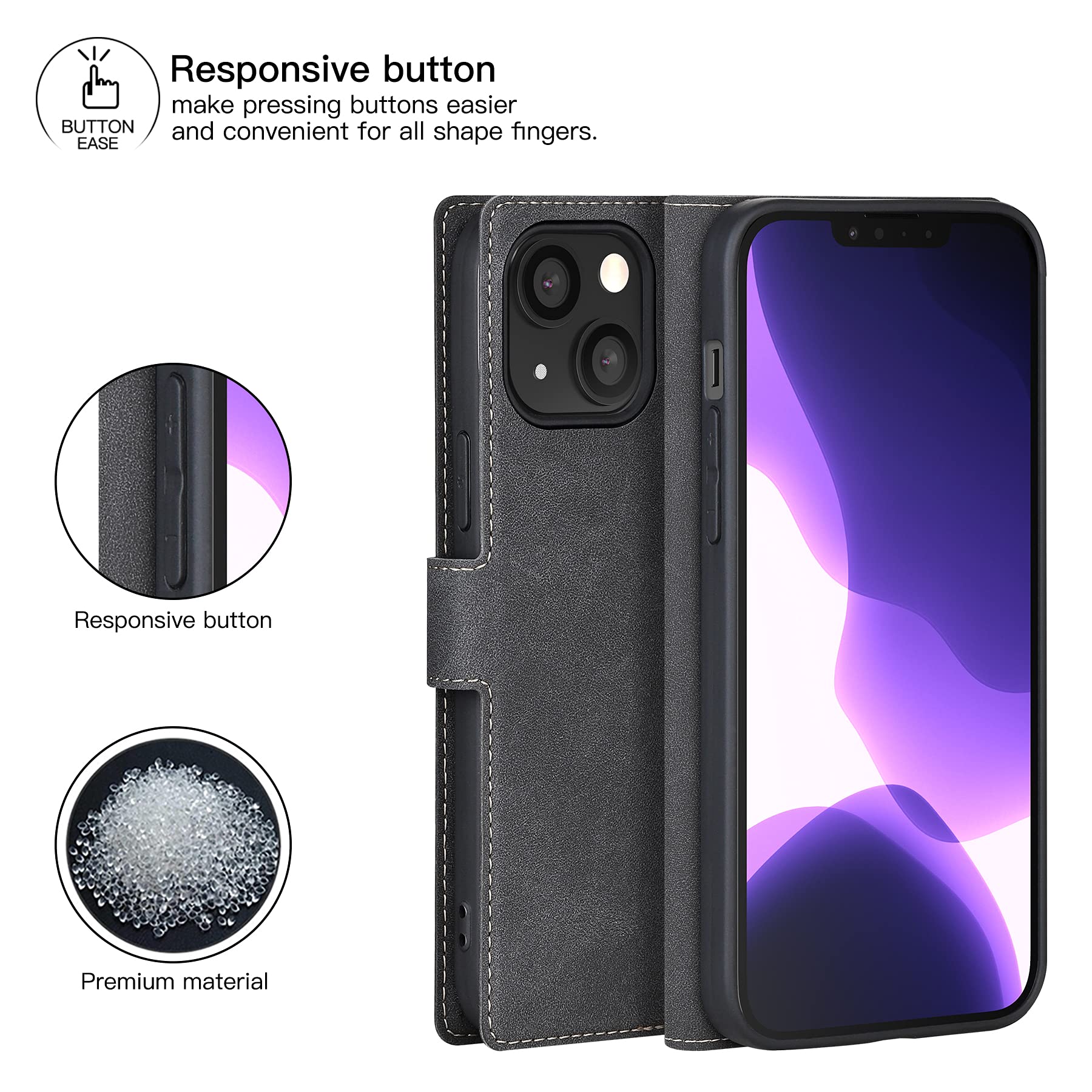 Feitenn iPhone 13 Case 6.1 Inch (2021) - Premium PU Leather Slim Folio Cover with Hard Plastic Bumper | Shockproof & Durable Protective Case for iPhone 13 | Perfect for Work, Travel & Everyday Use (Black)