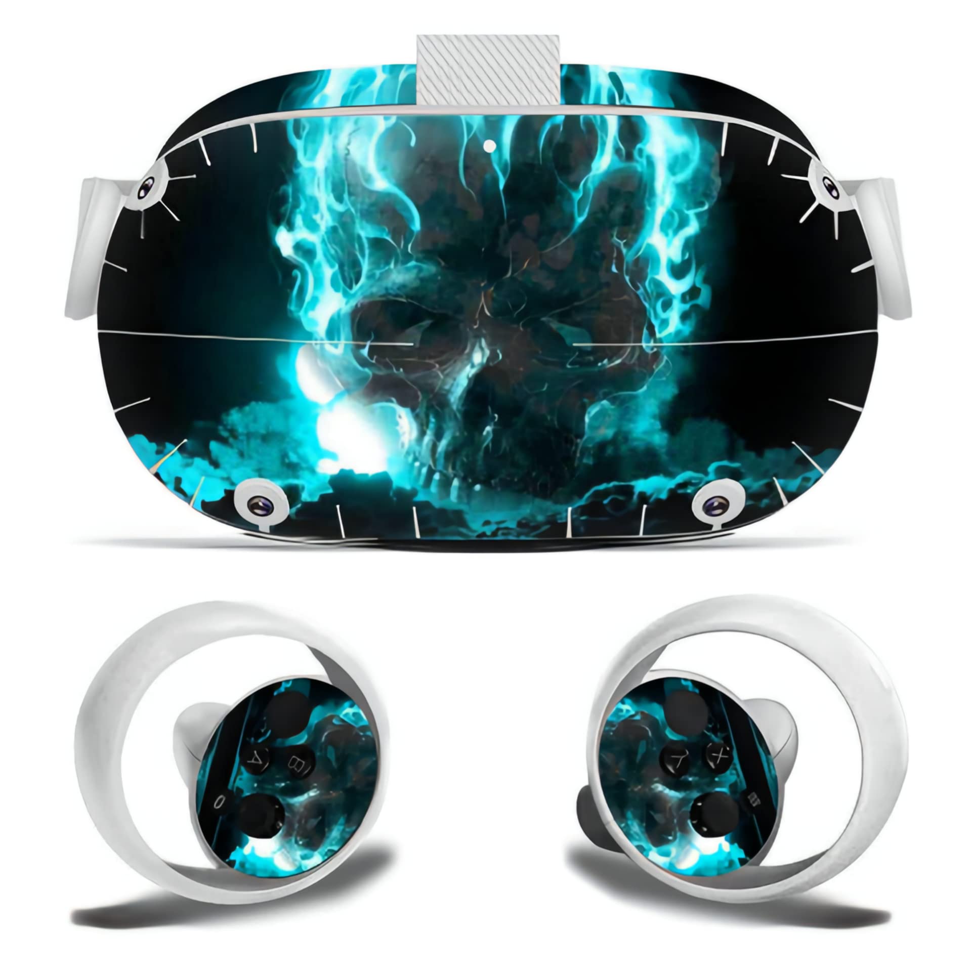 UANDM Oculus Quest 2 VR Headset & Controller Sticker Set - Premium Vinyl Decal Skin for Virtual Reality Protection - Green Fire Skull Design - Perfect for Gaming, VR Parties & Collectors
