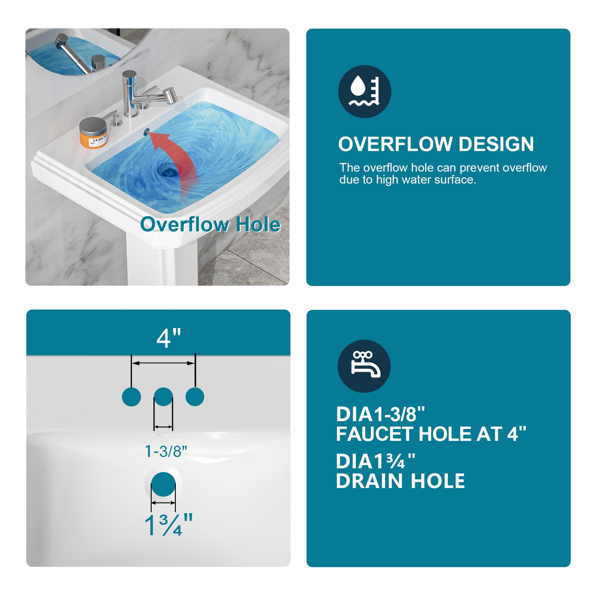 White Porcelain Pedestal Sink 23x19 Inch with 3 Faucet Holes & Overflow - Rectangular Bathroom Sink Combo for Vanity, Powder Room & Laundry Areas