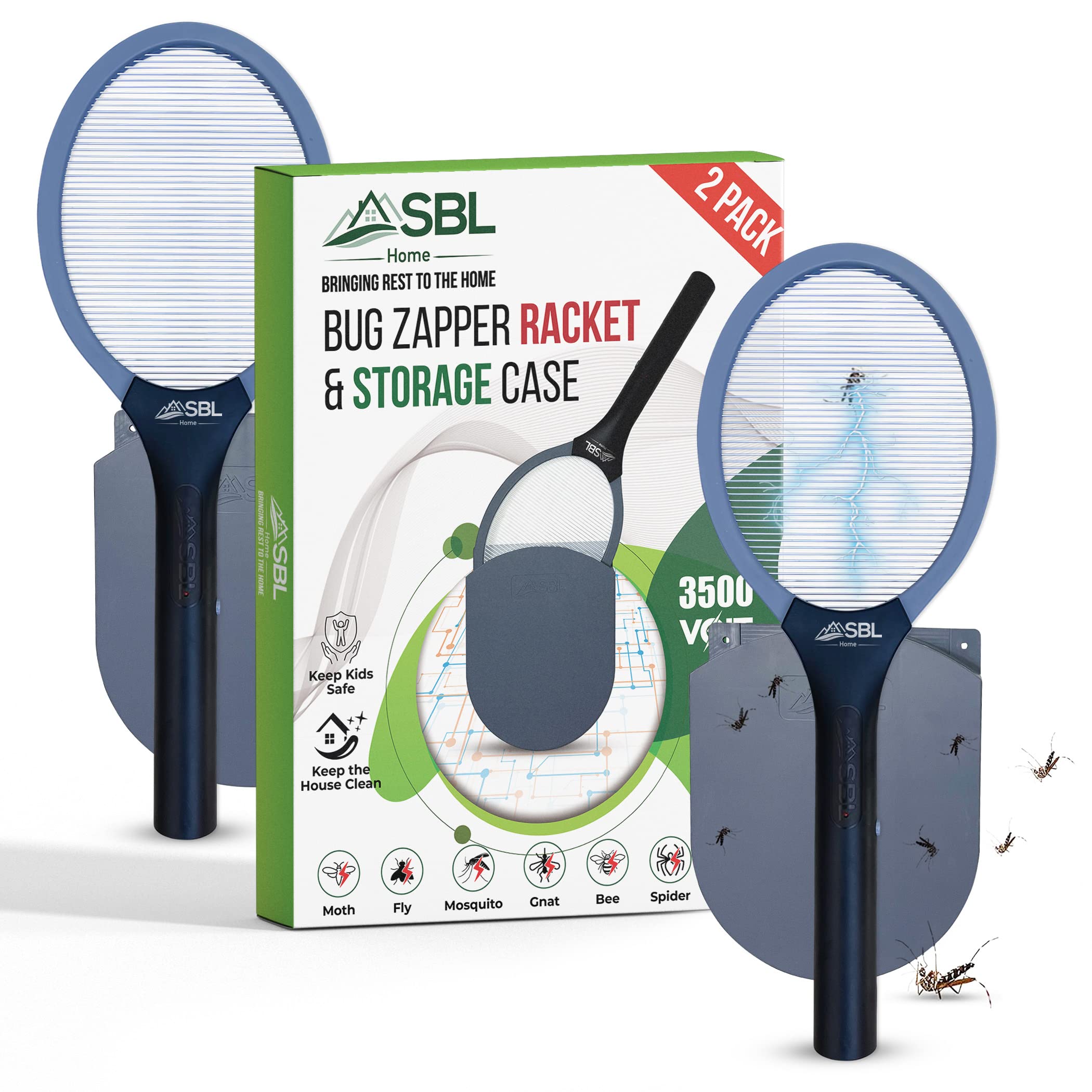 Electric Fly Swatter Racket - Mosquito & Bug Zapper Bat with Wall Mount Case (2 Pack, Gray & Black) - Indoor & Outdoor Pest Control for Home, Camping, and Backyard Use