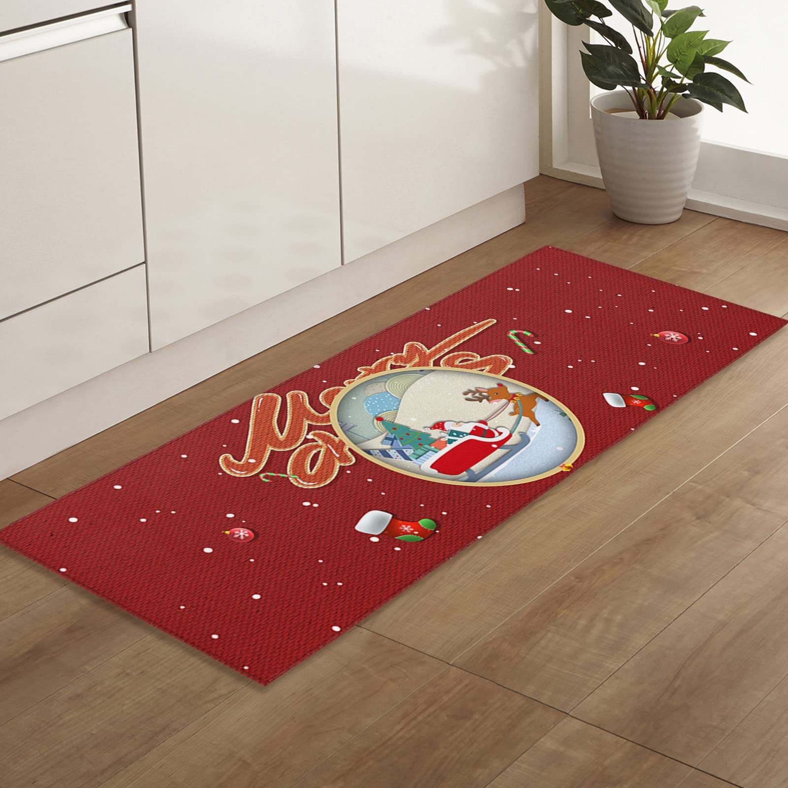 Non-Slip Indoor Door Mat with TPR Backing - Soft Absorbent Bath Rug - Merry Christmas Santa & Elk Design - Washable Front Door Mat (24x71 Inch) for Home, Office, and Holiday Decor