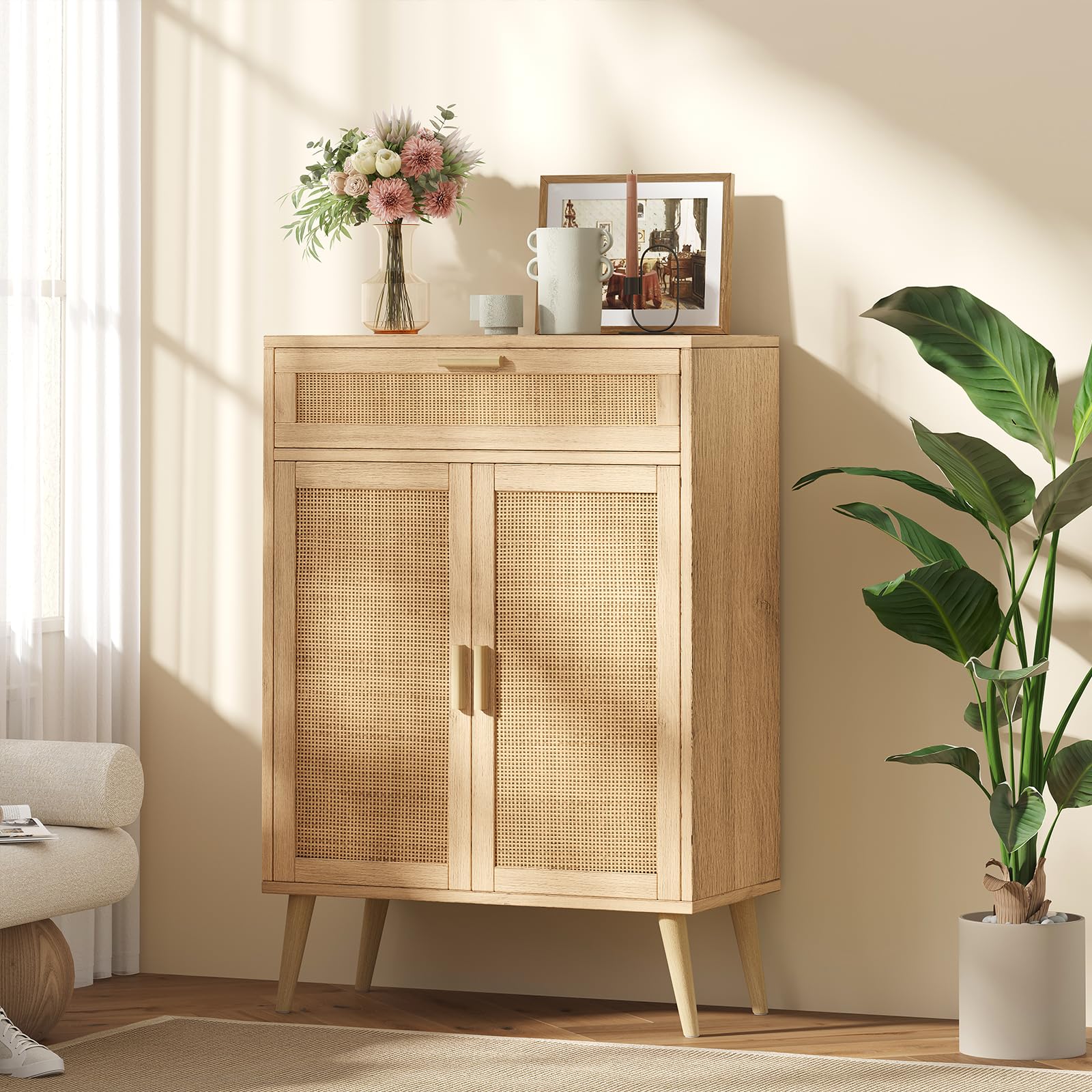 Rovaurx Natural Rattan Accent Floor Storage Cabinet with Large Drawer - Freestanding Bathroom Organizer Cabinet for Bedroom, Living Room & Home Decor (BMGZ107M)
