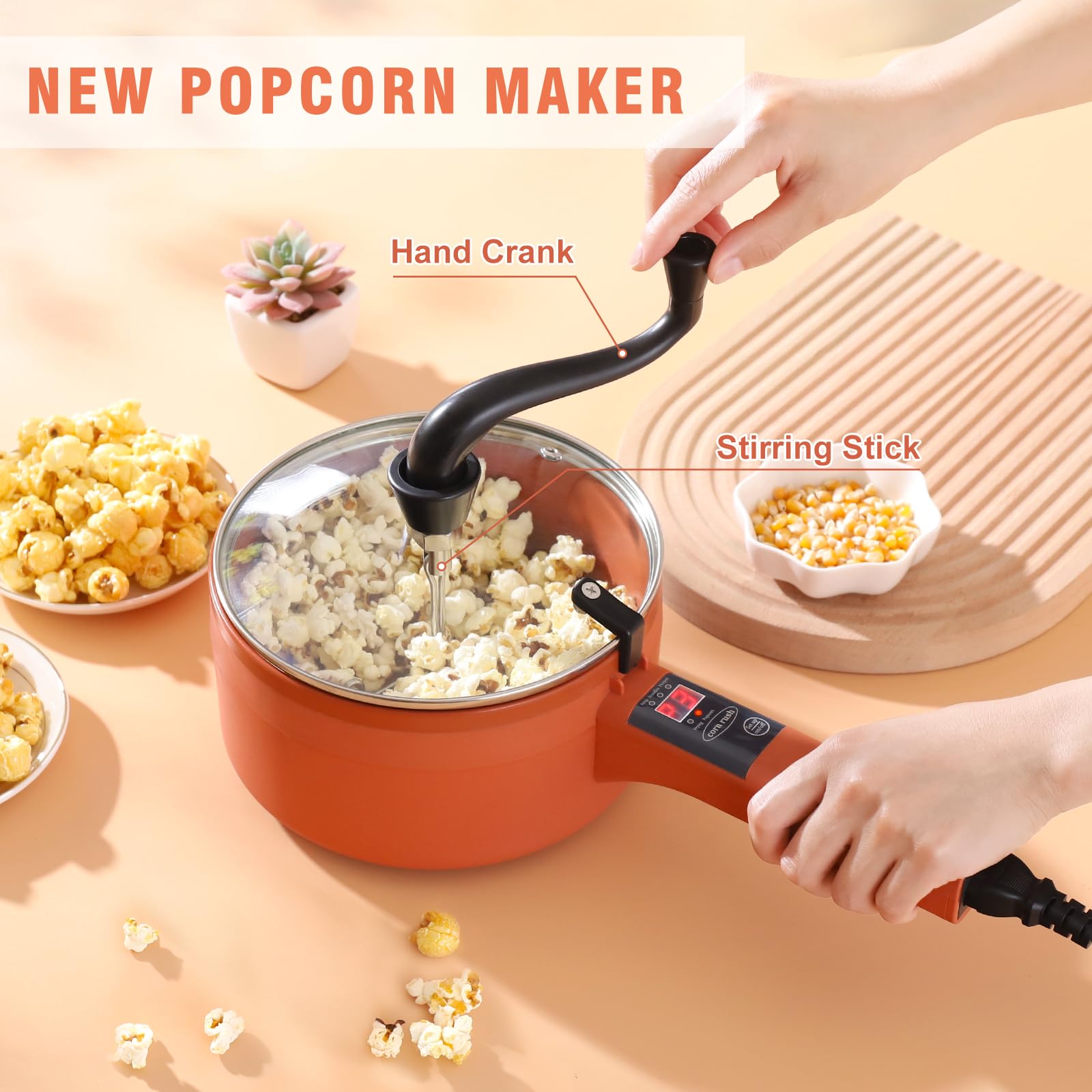 Upgraded 1L Multifunctional Electric Hot Pot Cooker - Non-Stick Stainless Steel Mini Portable Ramen Popcorn Maker with Adjustable Temperature & Long Handle for Steak, Egg Soup | Perfect for Camping, Travel & Dorm Cooking (Orange)