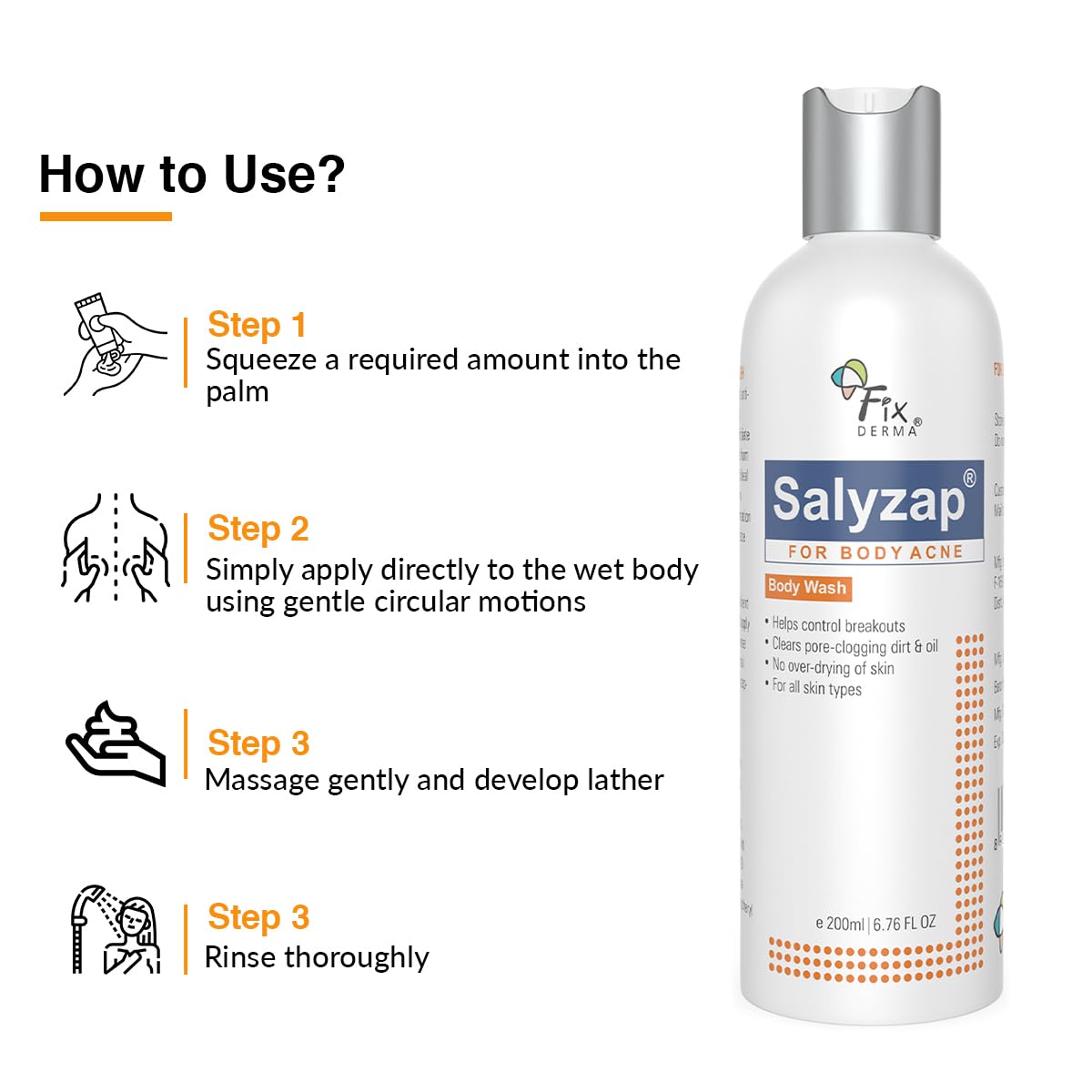 Fixderma Salyzap 2% Salicylic Acid Body Wash for Acne Treatment | Exfoliating & Anti-Acne Body Wash for Back, Chest & Arms | Helps Control Breakouts & Unclog Pores - 200ml | Ideal for Acne-Prone Skin & Daily Shower Routine