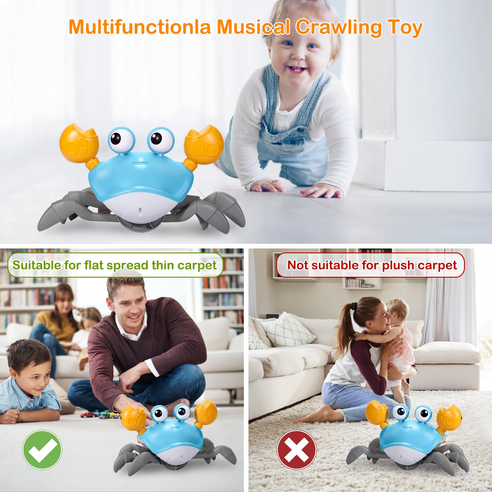 Rechargeable LED Music Baby Crab Toy - Crawling Infant Gift for 0-4 Years | Tummy Time & Sensory Play
