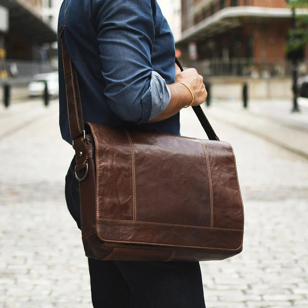 Jack Georges Voyager Full Size Messenger Bag for Men - Durable Leather Crossbody Bag for Work, Travel & Everyday Use - Stylish Laptop Briefcase with Adjustable Strap