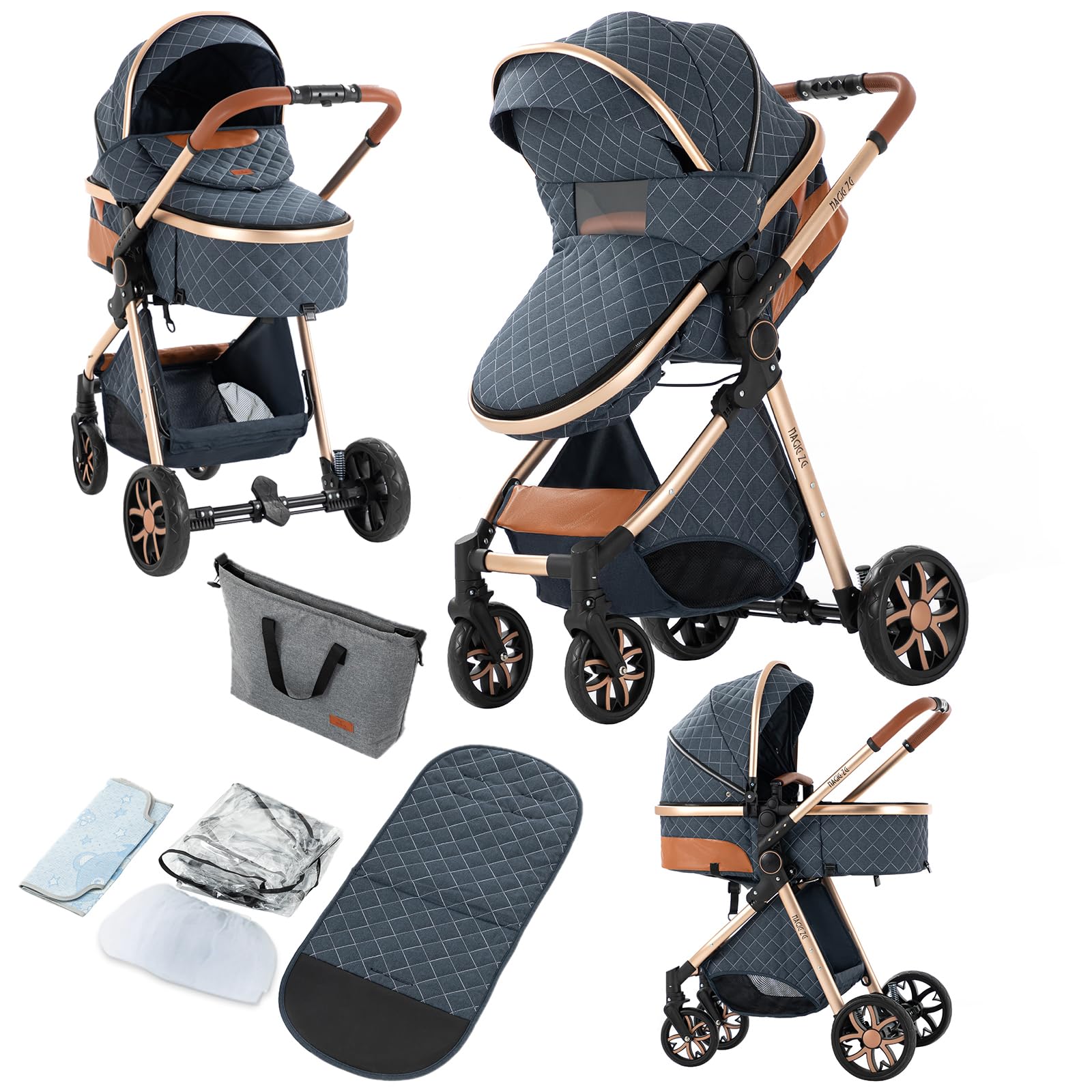 2 in 1 Baby Stroller with Bassinet & Convertible Pram - Reversible Standard Pushchair, Portable Foldable Travel System for Newborn to Toddler (Blue) | Perfect for City Walks, Park Outings & Shopping Trips
