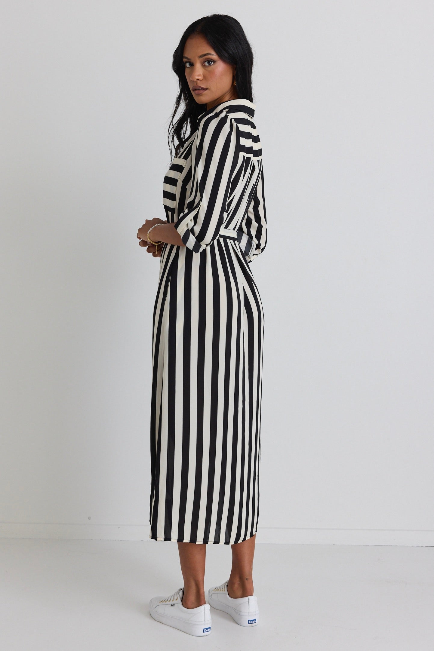 Stylish Cyprus Black and White Stripe Long Sleeve Midi Dress for Women | Casual & Office Wear | Perfect for Fall & Winter Outfits