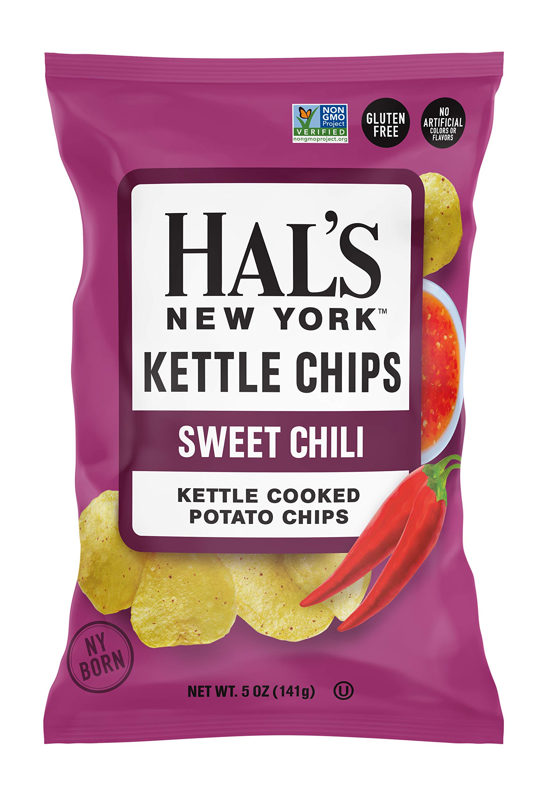 Hal's New York Kettle Cooked Potato Chips - Gluten Free, Sweet Chili Flavor, 5 oz Bags (Pack of 3) - Perfect for Snacking, Parties & Lunch Boxes