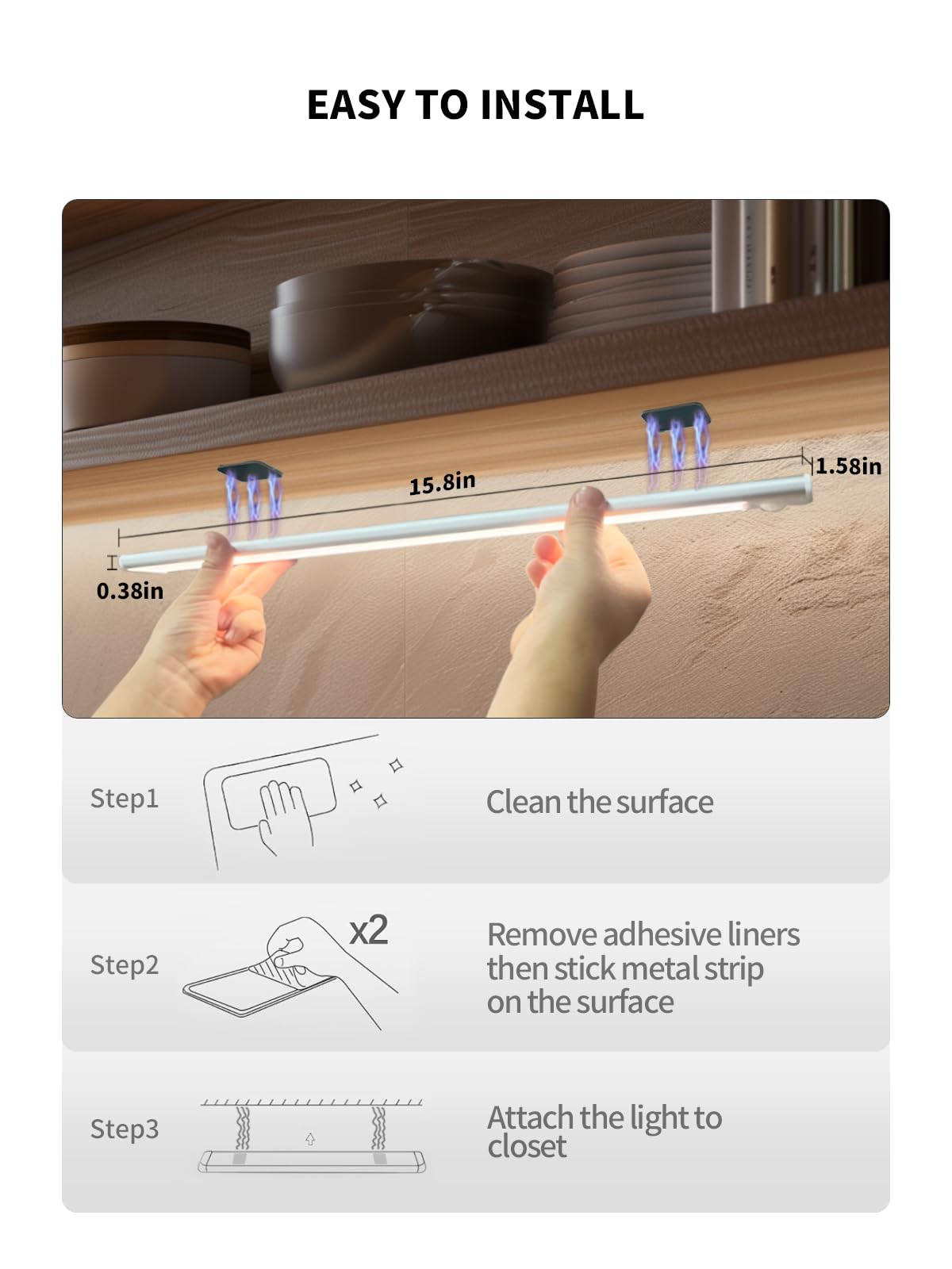 3Pack 40CM 74LED Aluminum Under Cabinet Lighting - Motion Sensor Closet LED Light Strips, Dimmable Wireless Rechargeable Battery Operated - 3 Color Changing Indoor LED Light Bars for Bedroom, Kitchen, Stairs, Wardrobe & Hallway Lighting