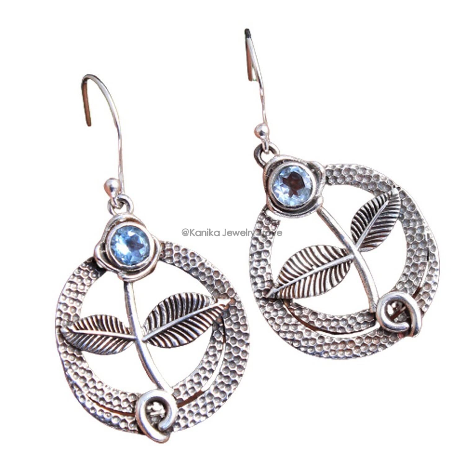 Blue Topaz Gemstone Sterling Silver Leaf Dangle Earrings for Women - Bezel Set Ear Wire Jewelry, Elegant Bridesmaid Earrings for Weddings, Christmas Gifts & Special Occasions