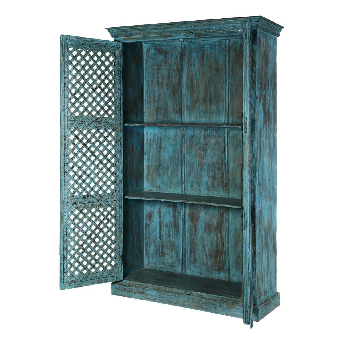 Hand Carved Indian Solid Wood Farmhouse Style Lattice Door Cabinet - Rustic Storage Solution for Living Room, Bedroom & Entryway Décor