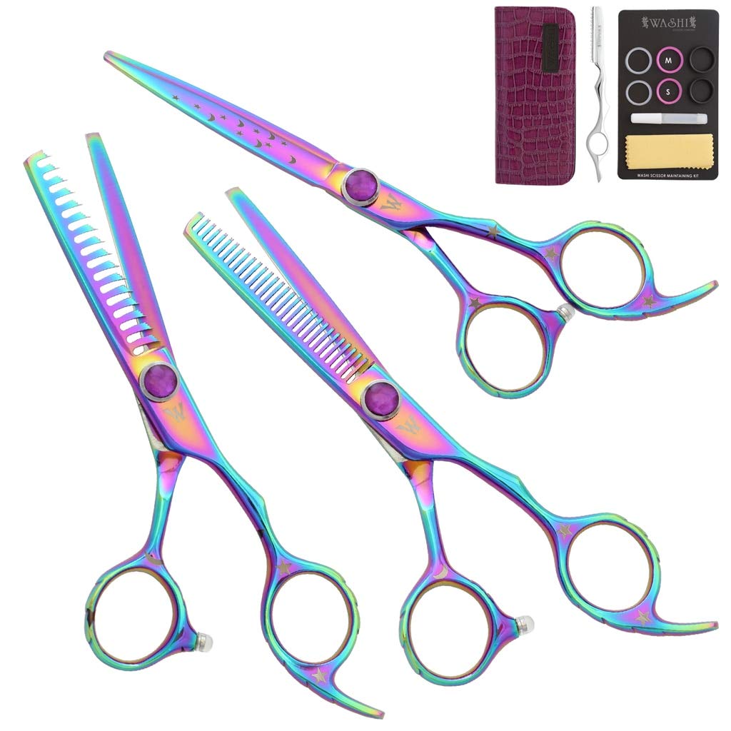 **Washi Beauty Rainbow Cotton Candy Hair Cutting Scissors Set - 3 Piece Professional Shears (5.5