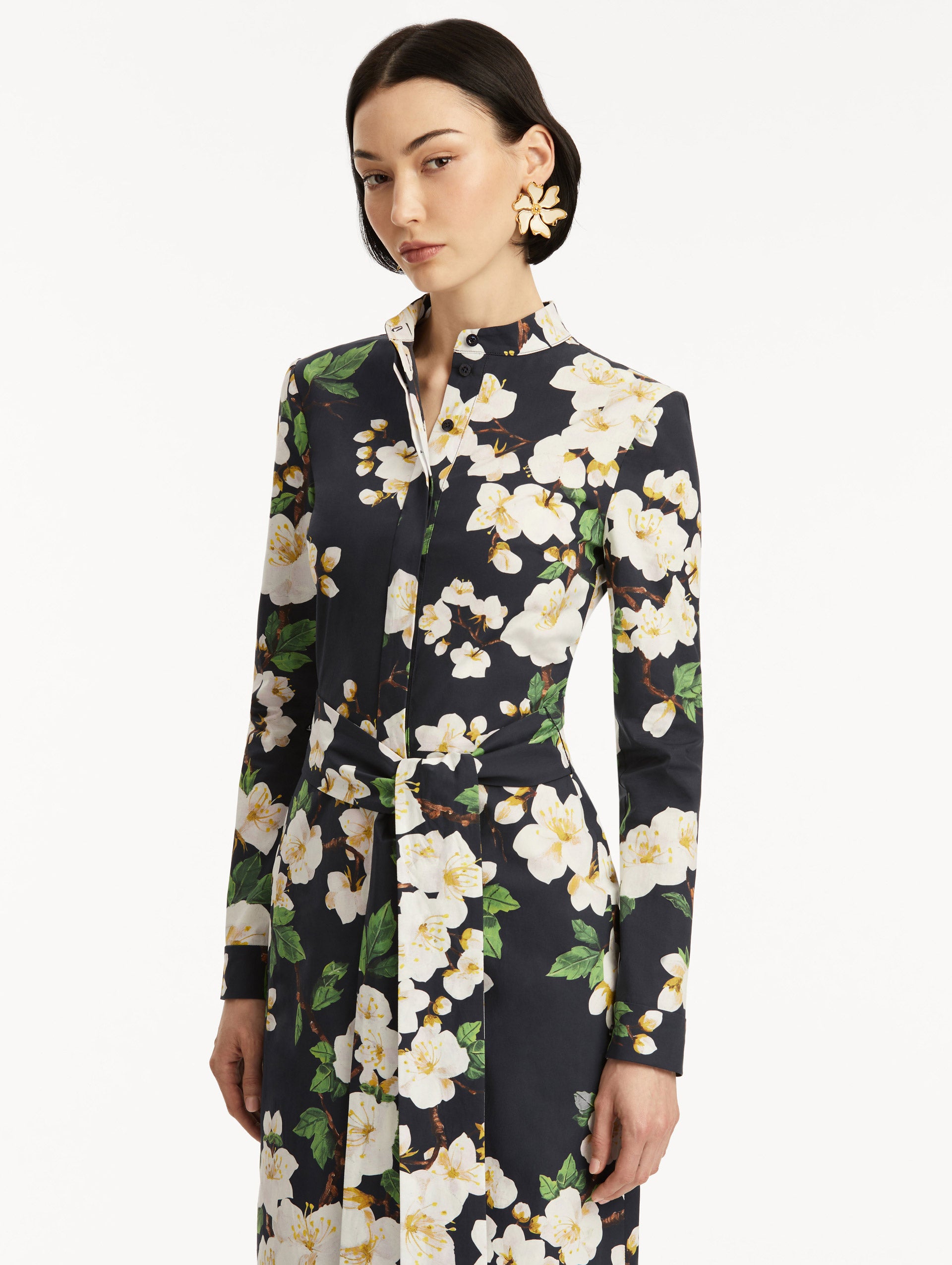 Cherry Blossom Floral Print Cotton Poplin Pencil Dress for Women - Elegant Office & Spring Wedding Guest Outfit