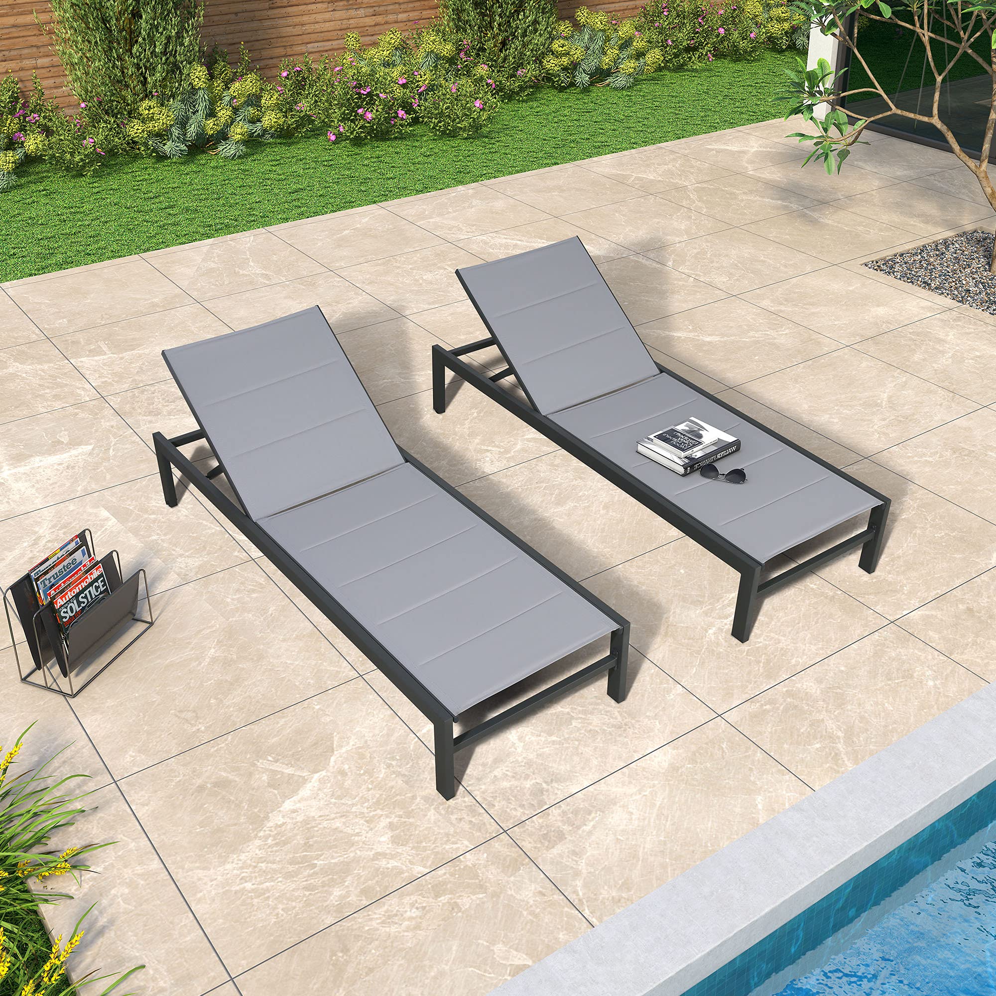 **Ulax Outdoor Chaise Lounge Chair Set of 2 - Light Grey Aluminum Patio Lounge with Wheels, Reclining Poolside & Beach Furniture for Backyard, Balcony, Deck - Perfect for Sunbathing & Relaxing**