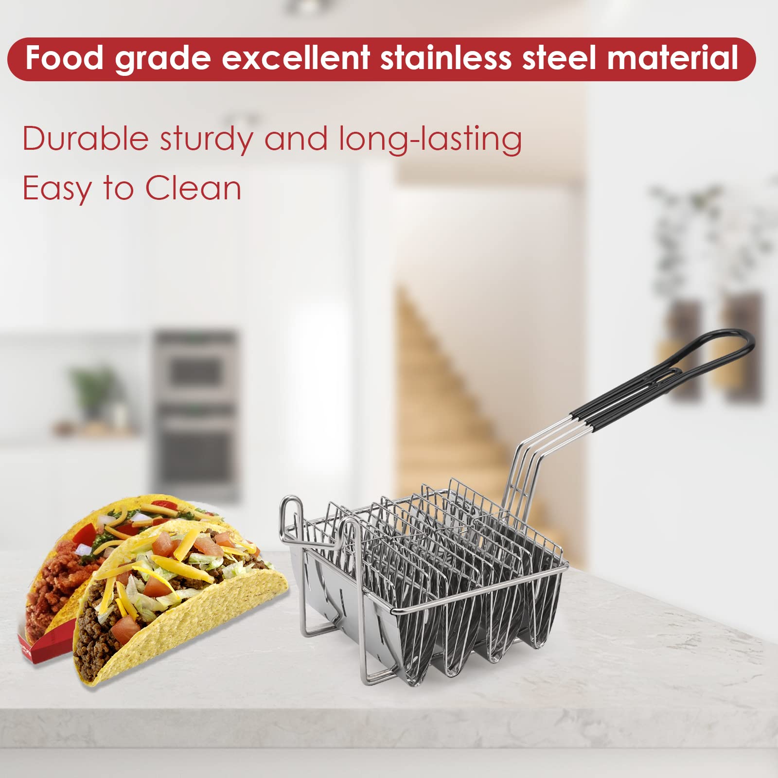 FAMKIT 4-Shell Taco Fryer Basket - Stainless Steel Taco Shell Deep Fryer Holder with Non-Slip Grip Handle for Perfectly Crispy Tacos - Ideal for Home Kitchens, Mexican Restaurants & Party Cooking