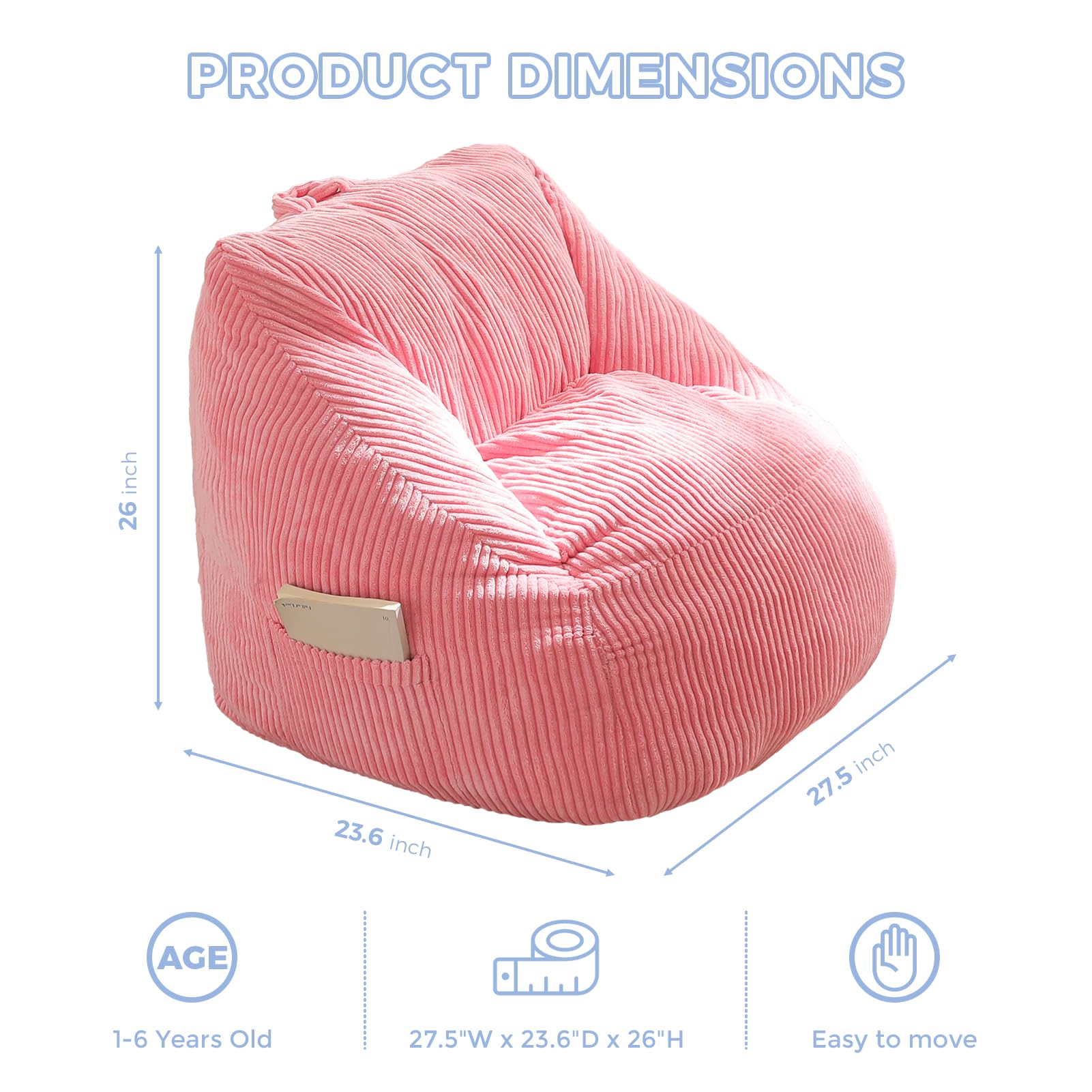 MAXYOYO Kids Bean Bag Chair - Soft Corduroy Bean Bag Couch with Handle & Storage Pocket for Gaming, Reading & Relaxing (Pink) - Perfect for Bedrooms, Playrooms & Dorm Rooms