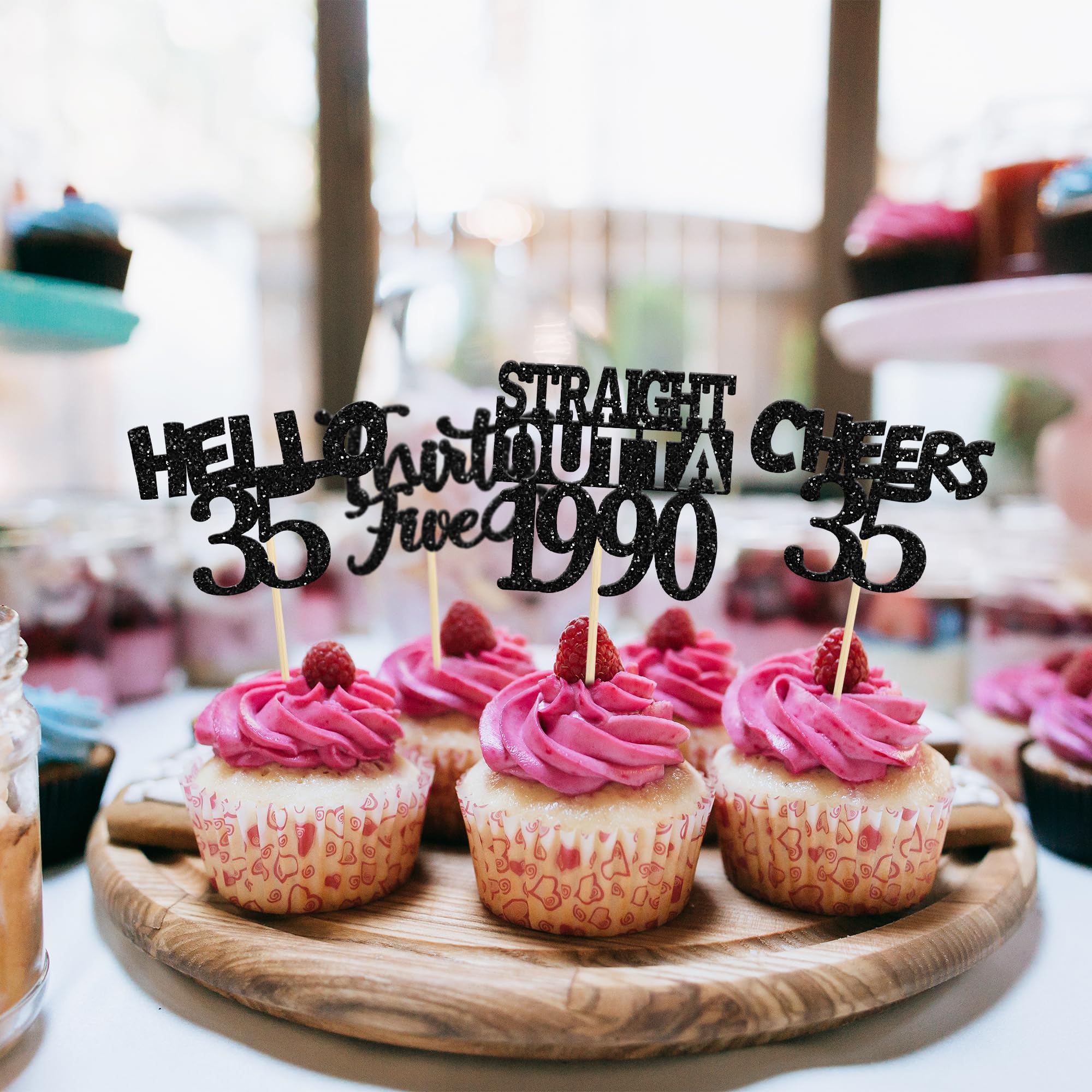 35th Birthday Cupcake Toppers - 24 Pack Black Straight Outta 1990 Decorations - Hello 35 Cheers to 35 Years Cake Picks for Anniversary Party Supplies | Perfect for 35th Birthday Cakes, Cupcakes & Milestone Celebrations