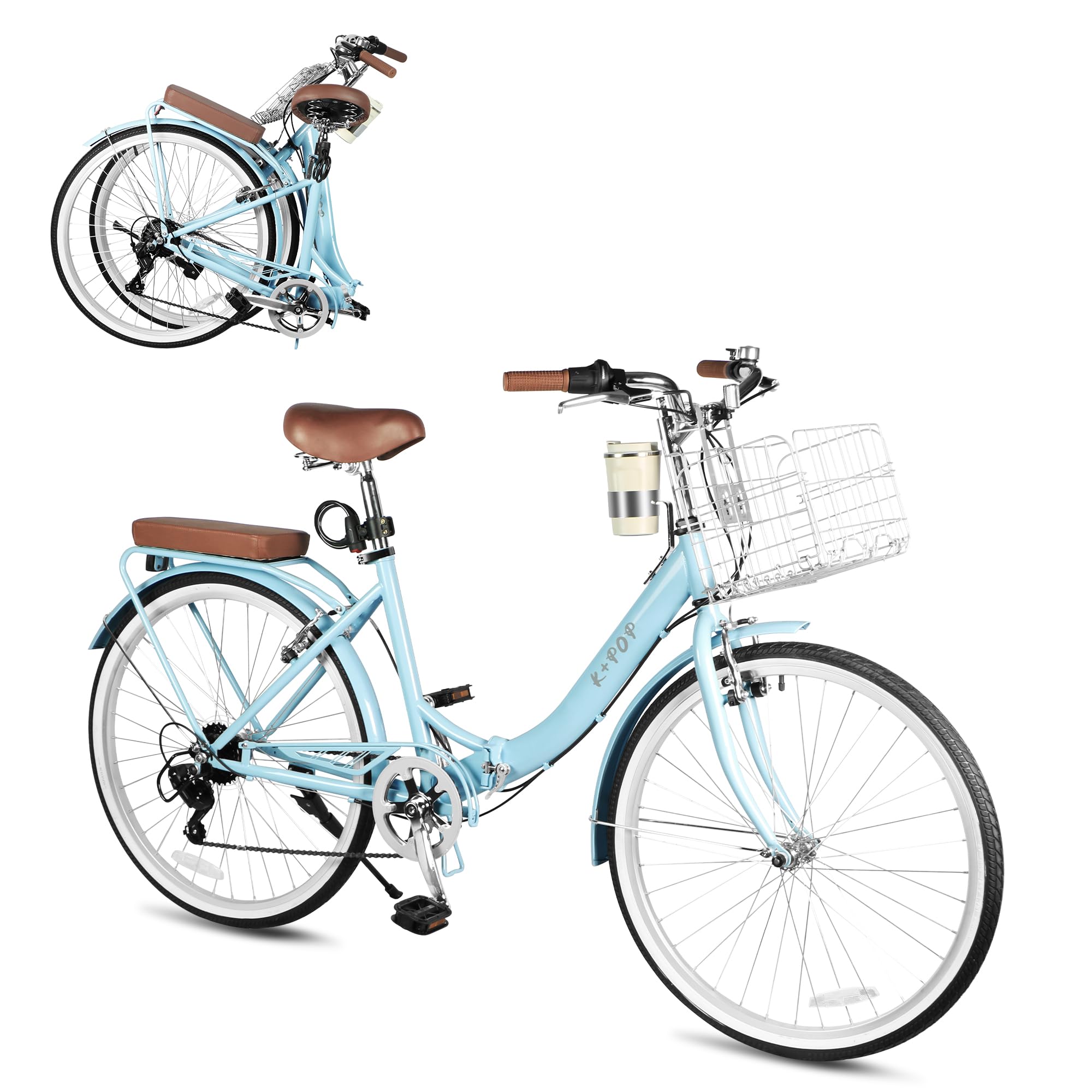 26 Inch Women's Beach Cruiser Bike - 7-Speed Folding Bicycle with Basket & Cup Holder, Steel Frame Commuter Bike for Adults with Dual V-Brakes - Perfect for Beach Rides, City Commuting & Leisure Cycling