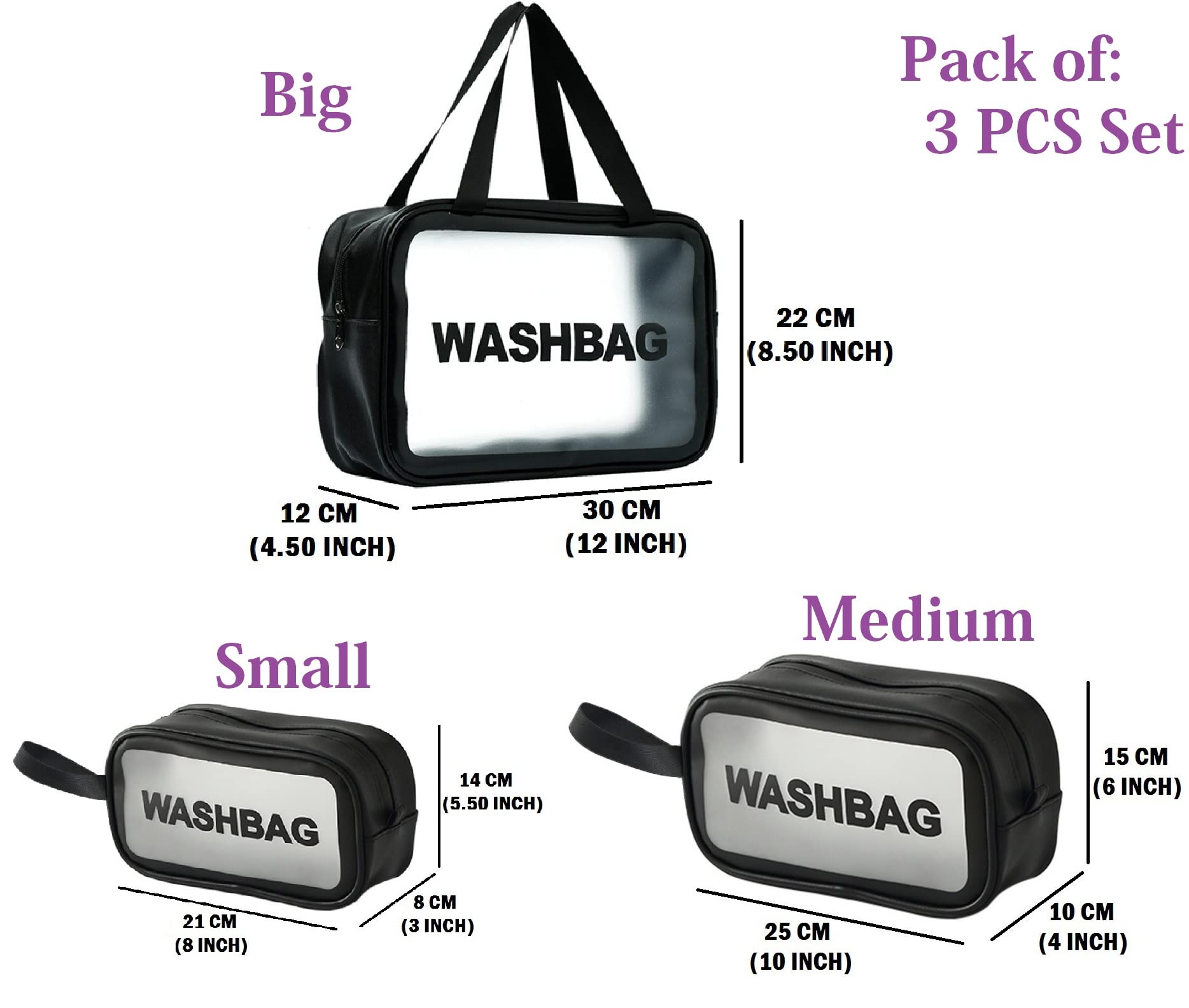 Trendegic Waterproof Clear PVC Zipper Cosmetic Travel Wash Bag - 3 Pack Toiletry Makeup Organizer Pouch for Women & Girls (Black) | Perfect for Travel, Gym, Camping & Daily Storage