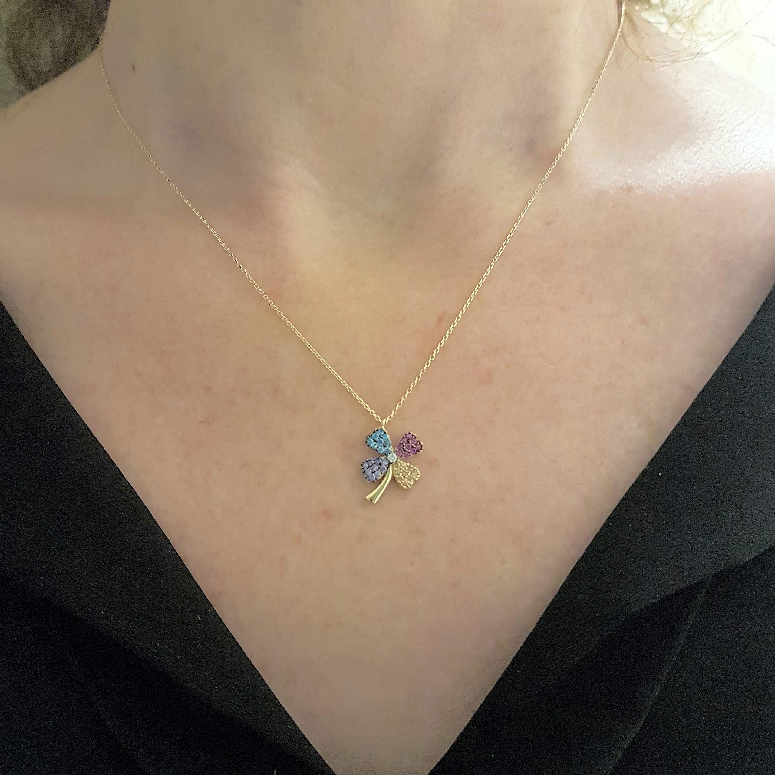 14K Solid Gold Four Leaf Clover Necklace for Women - CZ Multi Color Dainty Pendant Jewelry | Elegant Gift for Mom, Wife, Girlfriend | Perfect for Birthday, Christmas, Anniversary & Everyday Wear