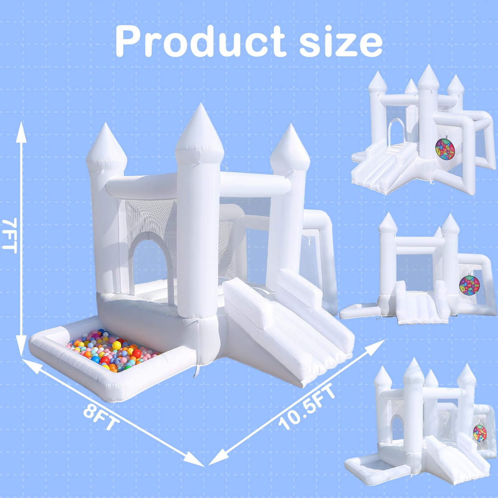White Bounce House with Blower - 8ft x 11ft Inflatable Bouncy Castle for Kids | Backyard, Birthday Parties, Events | Durable Outdoor Play Equipment for Children's Gifts & Family Fun