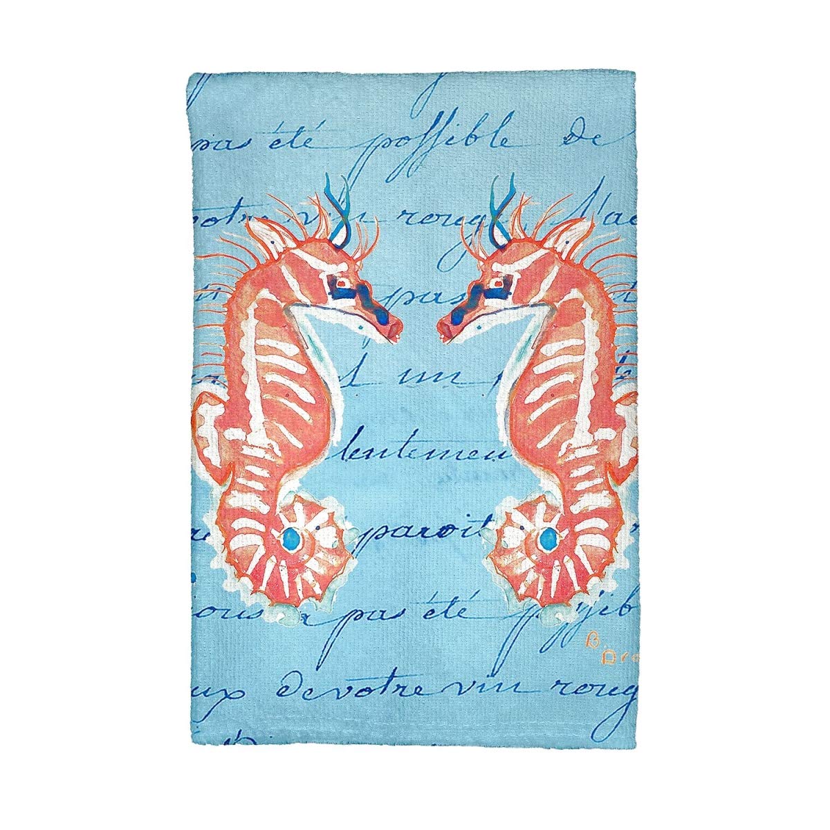 Betsy Drake KT100B Coral Sea Horses Blue Script Kitchen Towel - Absorbent Cotton Dish Towels for Drying Dishes, Cleaning Countertops & Kitchen Decor