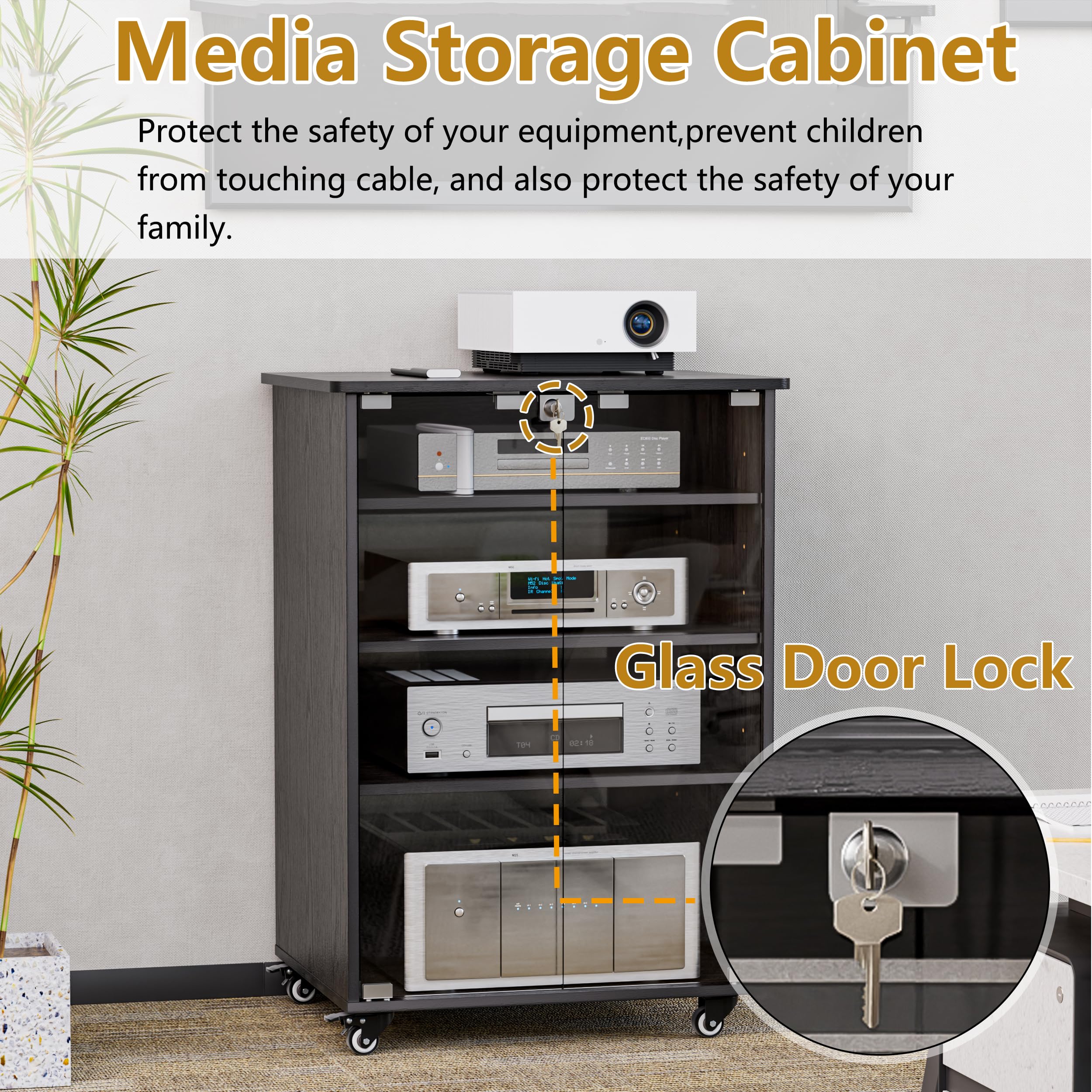 PAKASEPT Adjustable Height Media Storage Cabinet with 4 Shelves & Lockable Glass Doors - Modern AV Stand for DVDs, Games & Electronics - Perfect for Living Room, Home Theater & Office Organization