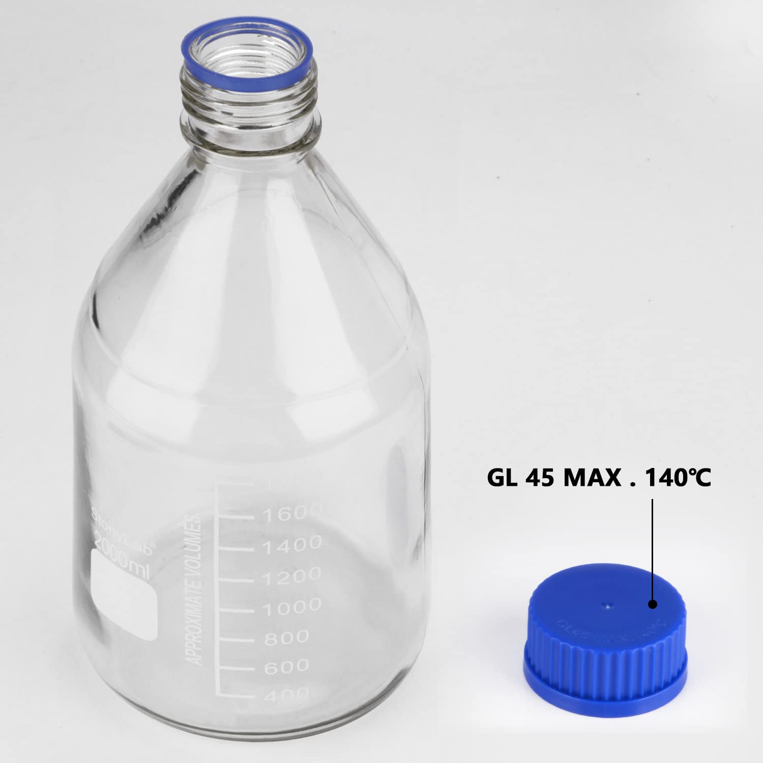 Stonylab 2000ml Glass Graduated Round Media Storage Bottles with GL45 Screw Cap - 1 Pack - Ideal for Lab, Chemical Storage & DIY Projects