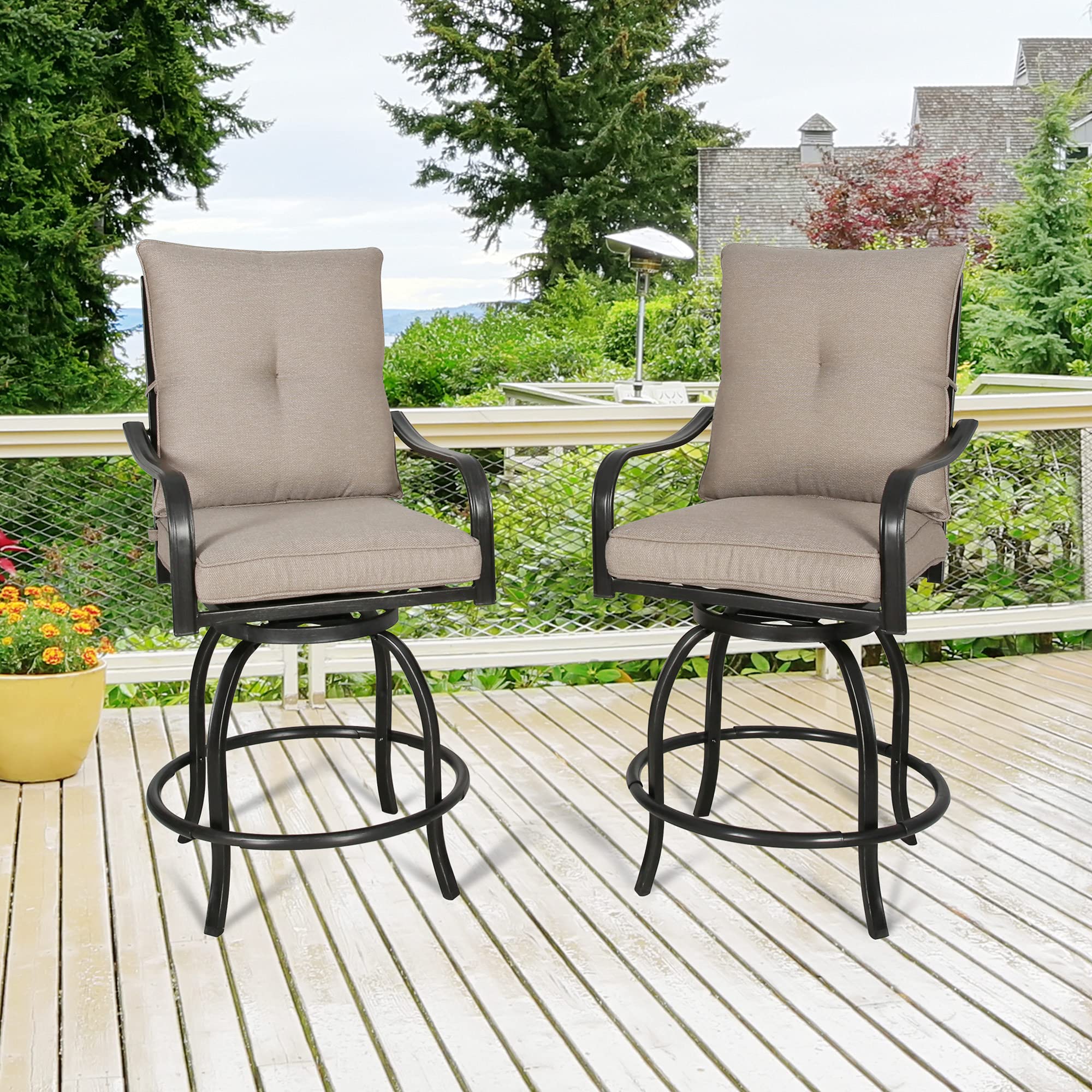 **Outdoor Counter Height Bar Stools Set of 2 - Swivel Patio Bar Chairs with Waterproof Polyester Cushions - Perfect for Backyard, Deck, and Poolside Dining**