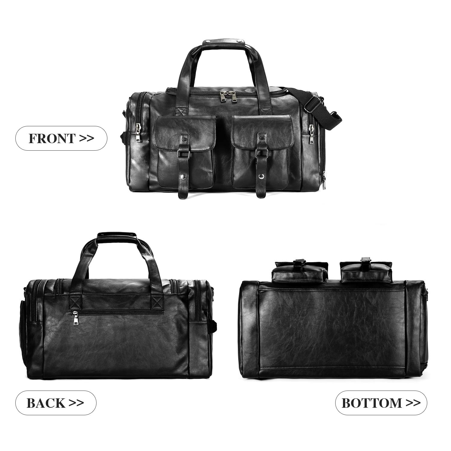 Premium PU Leather Travel Duffel Bag with Detachable Shoe Compartment - Lightweight Carry-On Weekender Overnight Bag for Men & Women (Black) - Perfect for Gym, Business Trips & Weekend Getaways