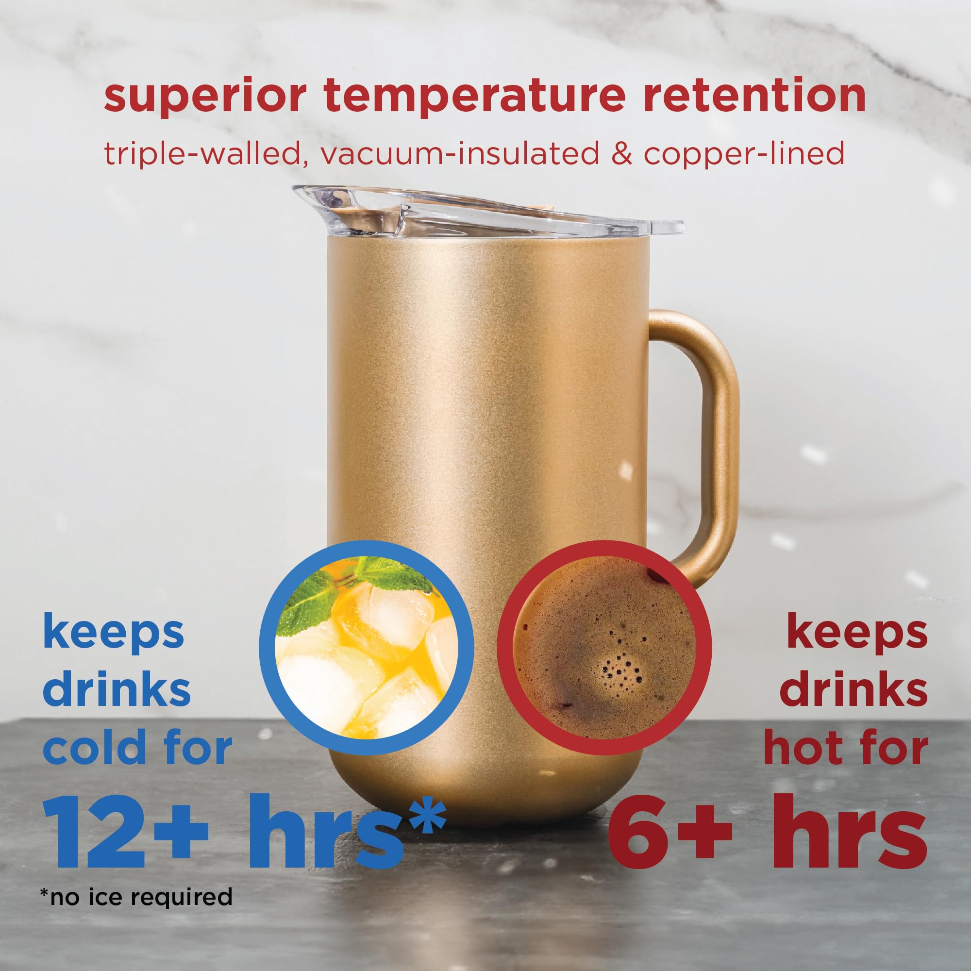 Premium 2L Vacuum-Insulated Stainless Steel Pitcher with Copper Lining - Keeps Drinks Cold for 24 Hours & Hot for 12 Hours - Double Wall Insulated Pitcher for Iced Tea, Lemonade, Coffee & Cocktails - Perfect for Parties, BBQs & Outdoor Gatherings