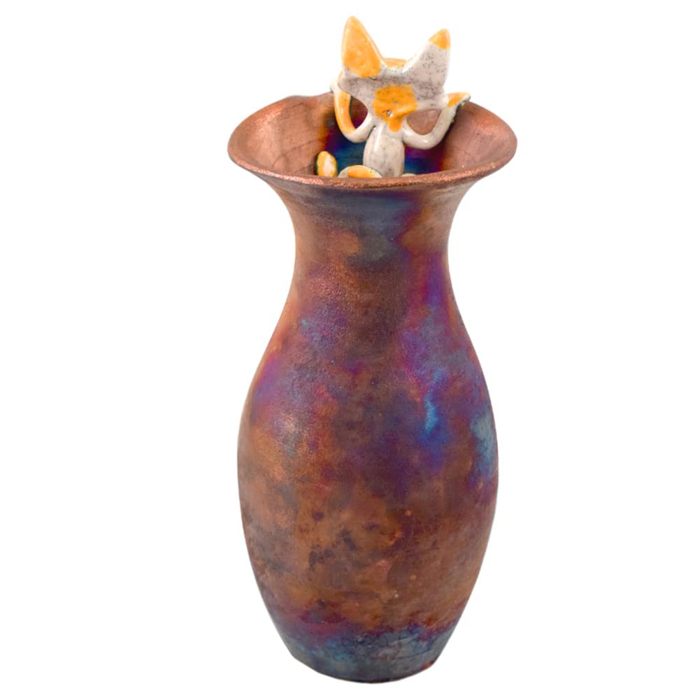 Handmade American Raku Pottery Vase with Playful Peekaboo Cat Design - Perfect for Boho Home Decor, Unique Gift & Living Room Centerpiece