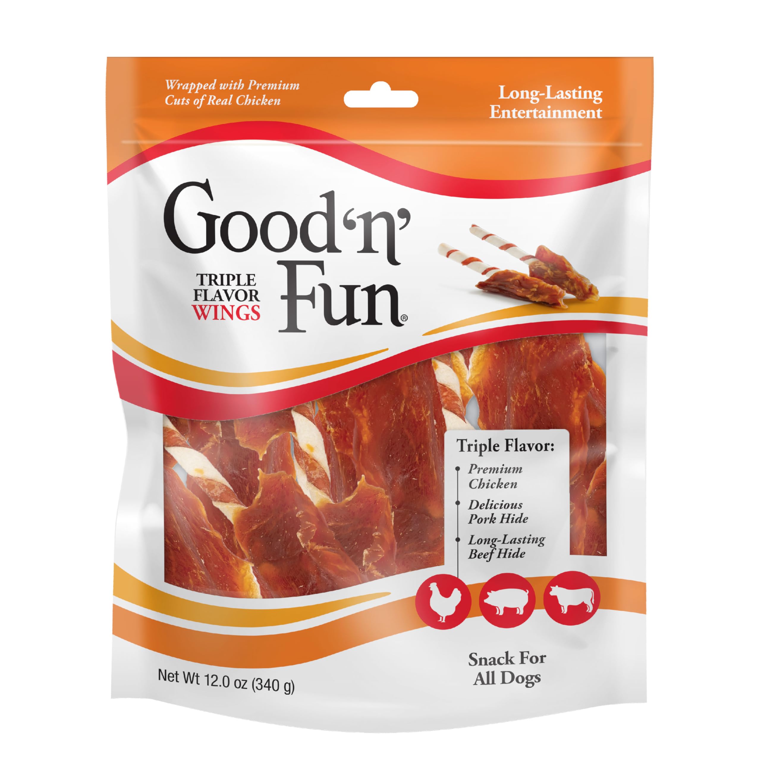 Good ‘n’ Fun Triple Flavor Dog Chews - Chicken, Pork Hide & Beef Hide Long-Lasting Treats for All Dogs (12oz) - Perfect for Training Rewards, Dental Health & Playtime