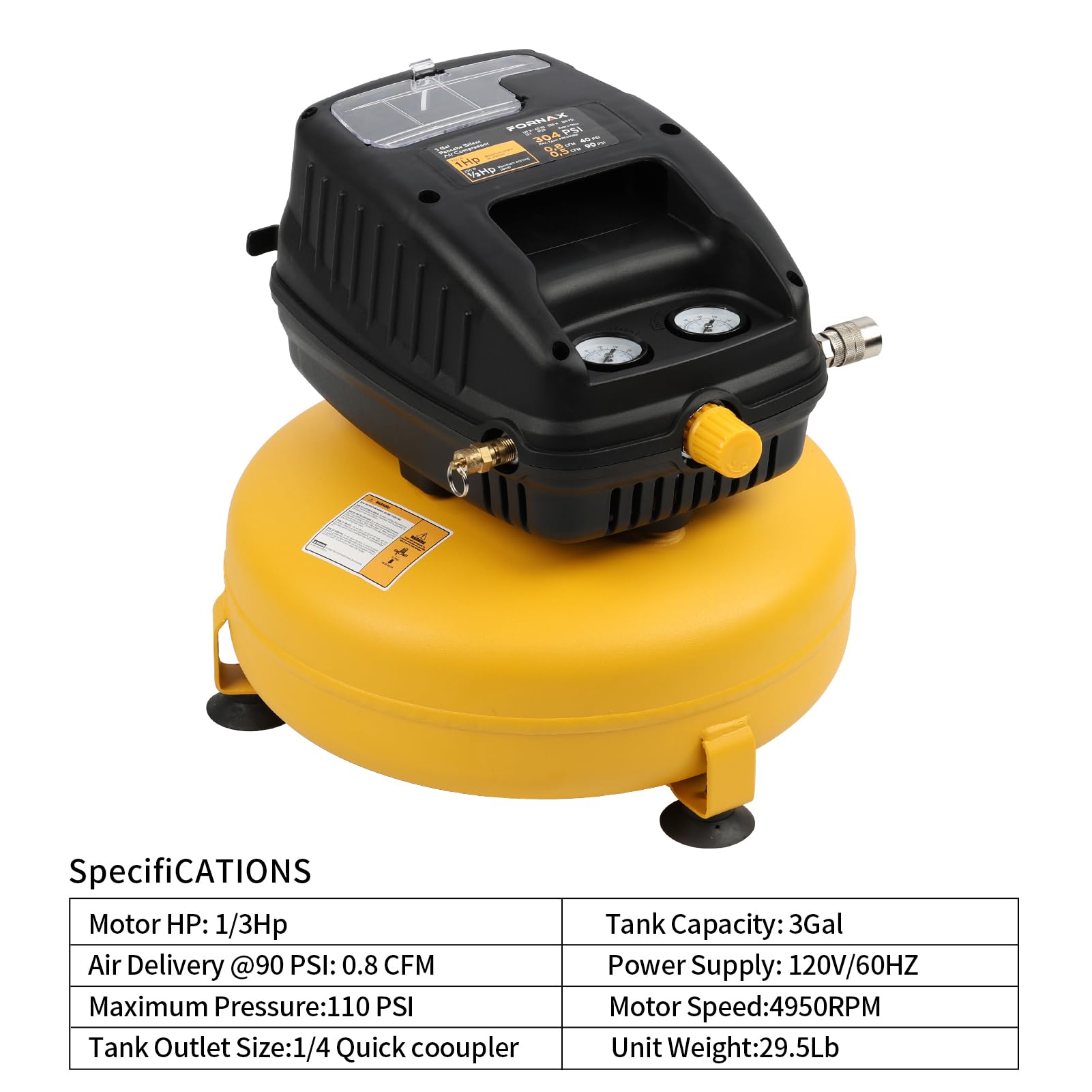 FORNAX 3 Gallon 110 PSI Oil-Free Pancake Air Compressor - Portable & Lightweight for Home DIY, Inflating Tires, Air Tools & Nail Guns - Ideal for Contractors, Carpenters & Auto Repair