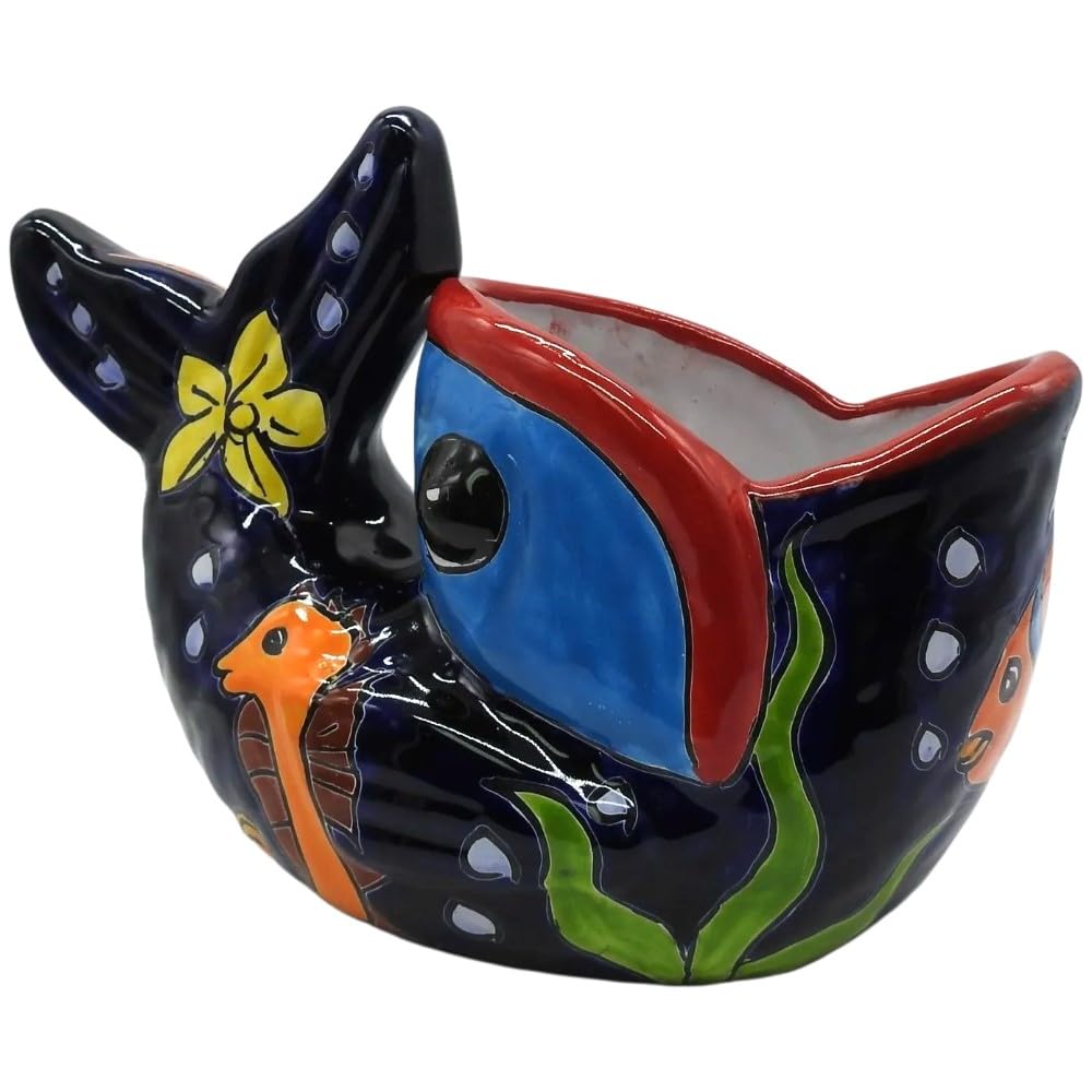 Large Talavera Bonsai Fish Planter - Hand-Painted Dark Blue Ceramic Pot for Succulents, Small Plants | Perfect for Home Decor, Garden, Office Desk & Patio