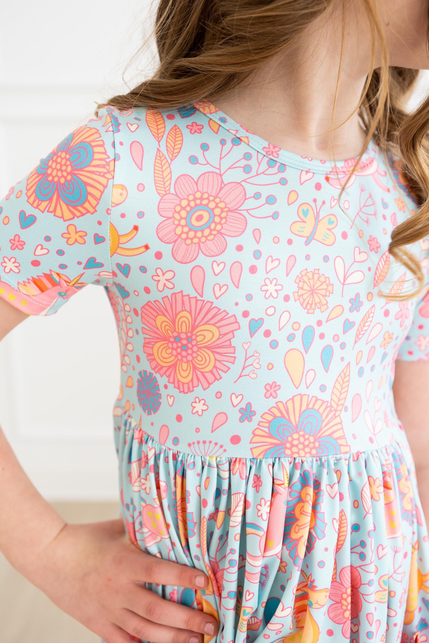 Blue Retro Unicorns Short Sleeve Pocket Twirl Dress for Girls - Perfect for Birthday Parties, Tea Time & Photo Shoots