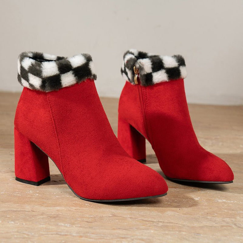 Women's Plaid Print Plush Ankle Boots - Winter Fashion Square Heel Suede Boots for Casual Wear | Warm & Comfortable Shoes for Autumn and Winter | Perfect for Office, Dating & Daily Outfits
